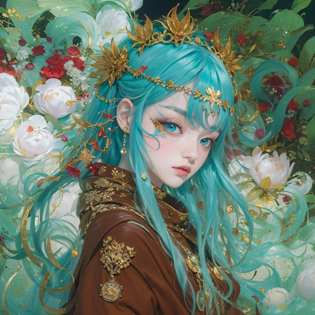 Yellow blue colors，enamel，agate，A flesh-colored world，Blood Blue Maiden 32k（masterpiece，HD，Aoyama Pond，Ultra high quality，32k）long flowing bright blue hair，blood pool，Ziddink， a color，Grumpy （After greeting）， （Linen scarf）， fighting stance， looking at the ground， long white hair， Floating bright blue， Fire cloud gold headdress， Chinese long-sleeved gold silk burgundy garment， （Abstract metaverse splash：1.2）， White background，Peony flower vitality protector（realistically：1.4），bright purple hair，Smoke on the road，The background is very pure， high resolution， detail， RAW photos， Sharp Re， Nikon D850 film photo by Jefferies Lee 4 Kodak Portra 400 camera F1.6 guns, colorful, Ultra-realistic and vivid textures, dramatic lighting, Unreal Engine Art Station Trend, Sinest 800，一个有着long flowing bright blue hair的女孩，huge colorful bubbles