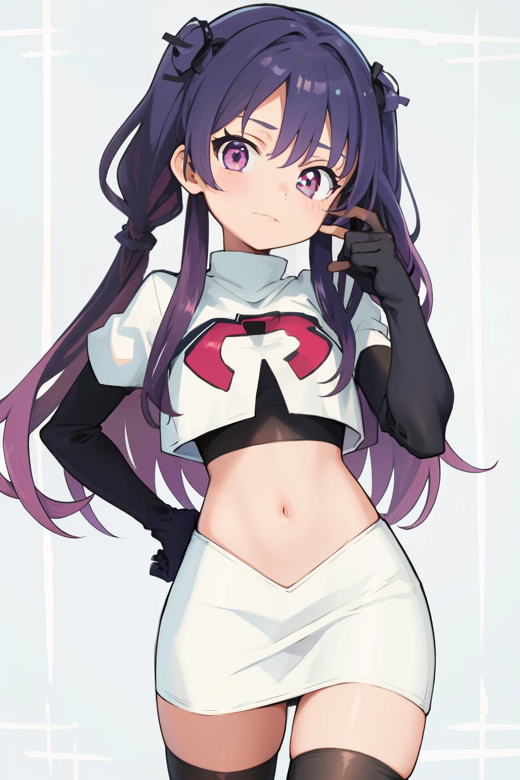 (girl, team rocket, purple hair, purple eyes), (team rocket uniform, white top with glued and torn black t-shirt, short white skirt up, purple panties, white beret), (best quality, ultra-detailed, realistic) ,(portrait,anime),(purple color tone),(soft lighting)