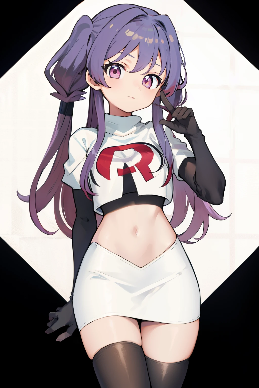 (solo, 1girl:1.2), 
(portrait), 
simple background,
official art, 
twintails, purple hair, purple eyes, multicolored eyes, spider girl, gradient eyes, 
team rocket,team rocket uniform, red letter R, white skirt,white crop top,black thigh-highs,black elbow gloves