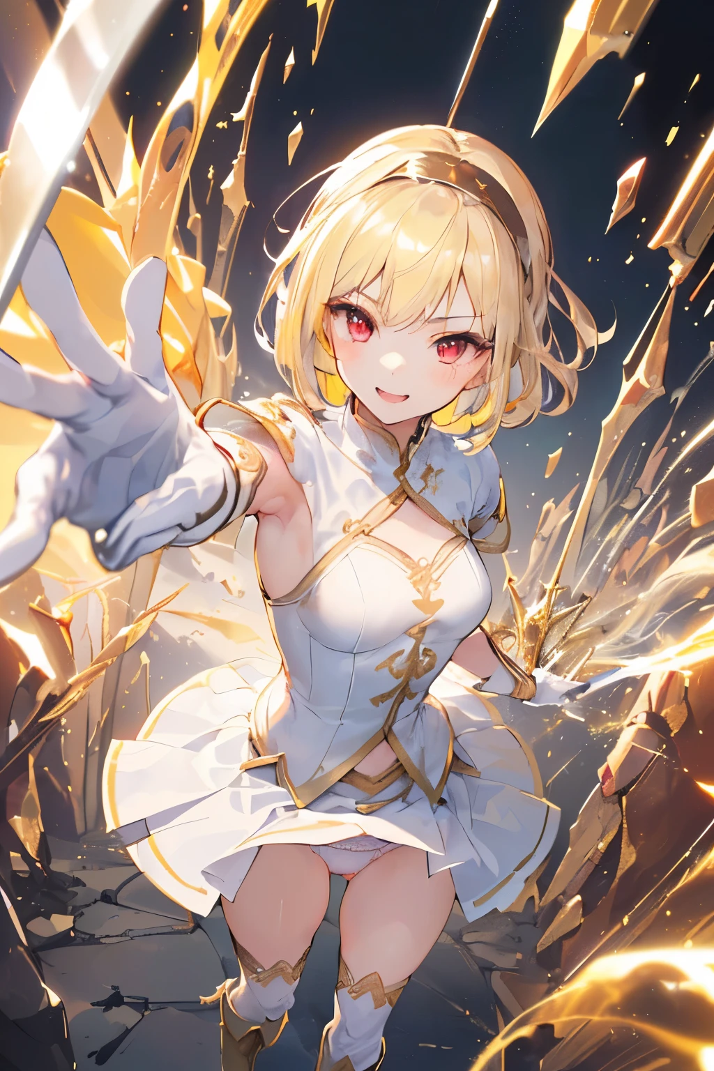(((((1girl))))), ((best quality)), ((masterpiece)), ((ultra-detailed)), (illustration), (detailed light), (an extremely delicate and beautiful), (beautiful detailed eyes), (sunlight), ((extremely light)), ((extremely clothes)), (((hyper detail))),(((((front lighting))))),(((((front light))))), 

((((quite adorable white Armor with a brief skirt and a headband)))), 
(((Novice Executioner))), 

(((wavy short bob))), ((((yellow gold hair)))), (((short hair))), 
(((deep red eyes))), 

((((whole body)))), aged 5 to 8, ((((very adorable young girl)))), ((condescending expression)), ((mischievous smile with sexual satisfaction)), (((extra adorable))), (((((extra slender shape))))), (((((extremely beautiful detailed face))))), 

(((dynamically attacking enemies with a sword))), 

(((elegant magic boots))), (Dutch angle), (((elegant magic gloves))), ((transparent magical underskirt)), (a little bit exposed adorable magical panties)
