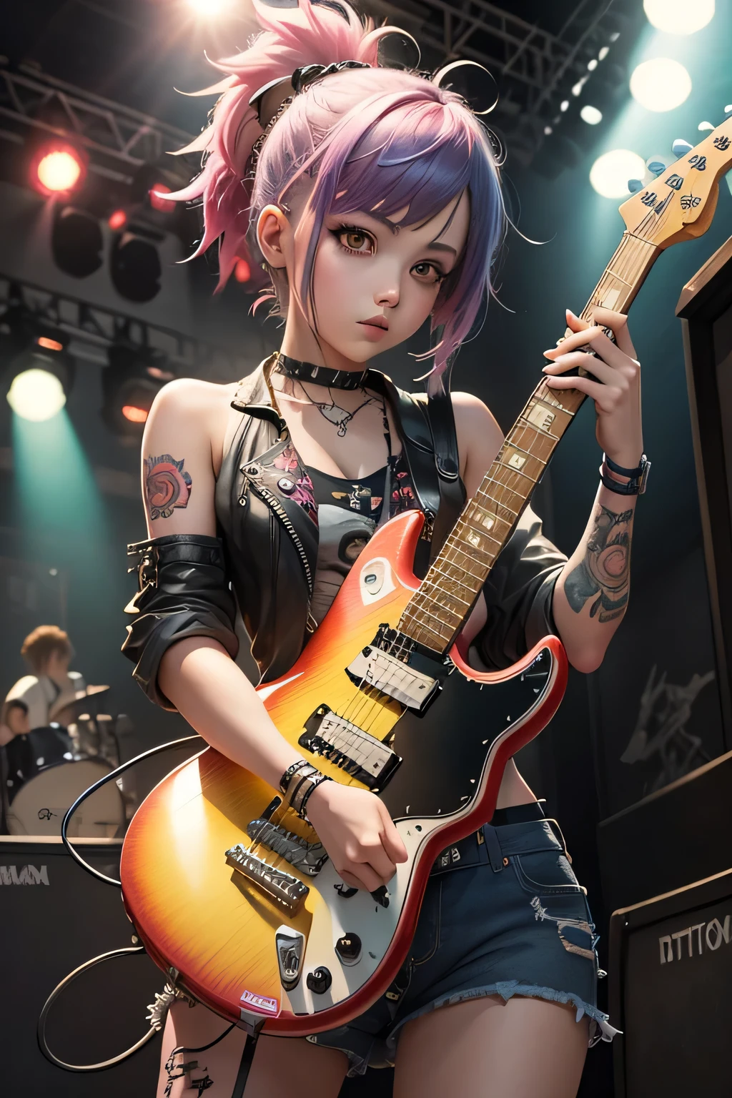 Beautiful anime watercolor painting of a punk girl,  playing electric Guitar, stage background, trending on artstation, 8k, masterpiece, fine detail, full of color, intricate detail, golden ratio illustration