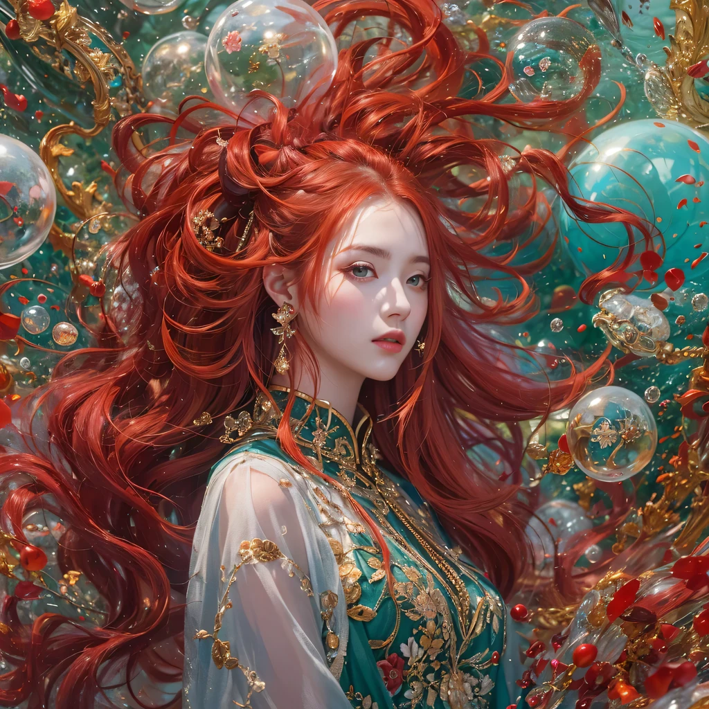 Poached egg series,red,enamel,agate,A flesh-colored world,Blood Blue Maiden 32k(masterpiece,HD,Aoyama Pond,Ultra high quality,32k)飘逸的亮red长发,blood pool,Ziddink, a color,Grumpy (After greeting), (Linen scarf), fighting stance, looking at the ground, Long red hair, Floating bright blue, Fire cloud gold headdress, 中国长袖金丝酒red服装, (Abstract metaverse splash:1.2), White background,Peony flower vitality protector(realistically:1.4),bright purple hair,Smoke on the road,The background is very pure, high resolution, detail, RAW photos, Sharp Re, Nikon D850 film photo by Jefferies Lee 4 Kodak Portra 400 camera F1.6 guns, colorful, Ultra-realistic and vivid textures, dramatic lighting, Unreal Engine Art Station Trend, Sinest 800,一个有着长长的飘逸亮red头发的女孩,huge colorful bubbles