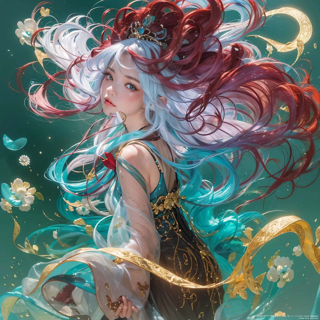 Yellow blue colors,enamel,agate,A flesh-colored world,Blood Blue Maiden 32k(masterpiece,HD,Aoyama Pond,Ultra high quality,32k)long flowing bright blue hair,blood pool,Ziddink, a color,Grumpy (After greeting), (Linen scarf), fighting stance, looking at the ground, long white hair, Floating bright blue, Fire cloud gold headdress, Chinese long-sleeved gold silk burgundy garment, (Abstract metaverse splash:1.2), White background,Peony flower vitality protector(realistically:1.4),bright purple hair,Smoke on the road,The background is very pure, high resolution, detail, RAW photos, Sharp Re, Nikon D850 film photo by Jefferies Lee 4 Kodak Portra 400 camera F1.6 guns, colorful, Ultra-realistic and vivid textures, dramatic lighting, Unreal Engine Art Station Trend, Sinest 800,一个有着long flowing bright blue hair的女孩,huge colorful bubbles