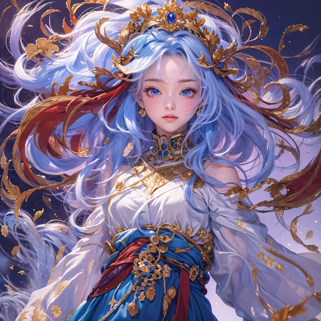 Yellow blue colors,enamel,agate,A flesh-colored world,Blood Blue Maiden 32k(masterpiece,HD,Aoyama Pond,Ultra high quality,32k)long flowing bright blue hair,blood pool,Ziddink, a color,Grumpy (After greeting), (Linen scarf), fighting stance, looking at the ground, long white hair, Floating bright blue, Fire cloud gold headdress, Chinese long-sleeved gold silk burgundy garment, (Abstract metaverse splash:1.2), White background,Peony flower vitality protector(realistically:1.4),bright purple hair,Smoke on the road,The background is very pure, high resolution, detail, RAW photos, Sharp Re, Nikon D850 film photo by Jefferies Lee 4 Kodak Portra 400 camera F1.6 guns, colorful, Ultra-realistic and vivid textures, dramatic lighting, Unreal Engine Art Station Trend, Sinest 800,一个有着long flowing bright blue hair的女孩,huge colorful bubbles