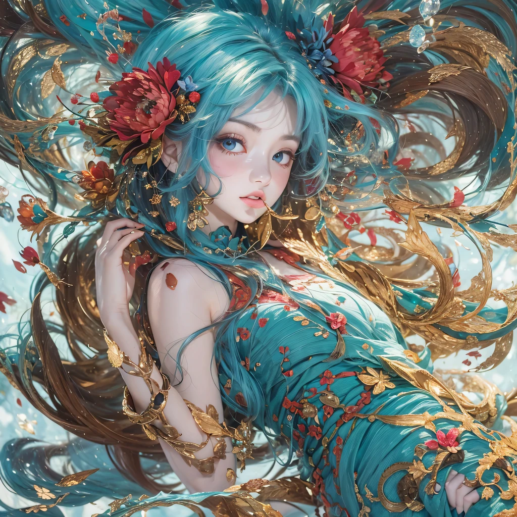 Yellow blue colors,enamel,agate,A flesh-colored world,Blood Blue Maiden 32k(masterpiece,HD,Aoyama Pond,Ultra high quality,32k)long flowing bright blue hair,blood pool,Ziddink, a color,Grumpy (After greeting), (Linen scarf), fighting stance, looking at the ground, long white hair, Floating bright blue, Fire cloud gold headdress, Chinese long-sleeved gold silk burgundy garment, (Abstract metaverse splash:1.2), White background,Peony flower vitality protector(realistically:1.4),bright purple hair,Smoke on the road,The background is very pure, high resolution, detail, RAW photos, Sharp Re, Nikon D850 film photo by Jefferies Lee 4 Kodak Portra 400 camera F1.6 guns, colorful, Ultra-realistic and vivid textures, dramatic lighting, Unreal Engine Art Station Trend, Sinest 800,一个有着long flowing bright blue hair的女孩,huge colorful bubbles