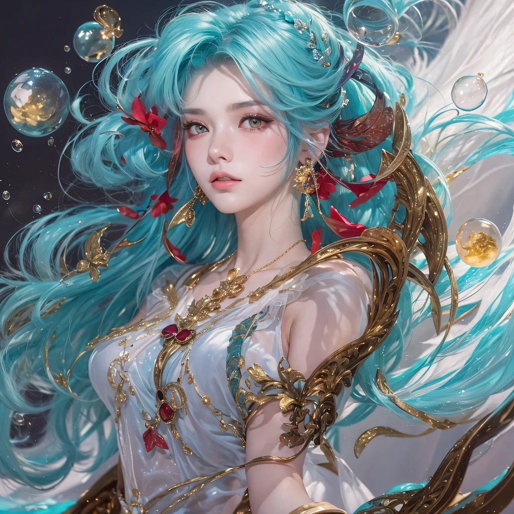 Yellow blue colors,enamel,agate,A flesh-colored world,Blood Blue Maiden 32k(masterpiece,HD,Aoyama Pond,Ultra high quality,32k)long flowing bright blue hair,blood pool,Ziddink, a color,Grumpy (After greeting), (Linen scarf), fighting stance, looking at the ground, long white hair, Floating bright blue, Fire cloud gold headdress, Chinese long-sleeved gold silk burgundy garment, (Abstract metaverse splash:1.2), White background,Peony flower vitality protector(realistically:1.4),bright purple hair,Smoke on the road,The background is very pure, high resolution, detail, RAW photos, Sharp Re, Nikon D850 film photo by Jefferies Lee 4 Kodak Portra 400 camera F1.6 guns, colorful, Ultra-realistic and vivid textures, dramatic lighting, Unreal Engine Art Station Trend, Sinest 800,一个有着long flowing bright blue hair的女孩,huge colorful bubbles