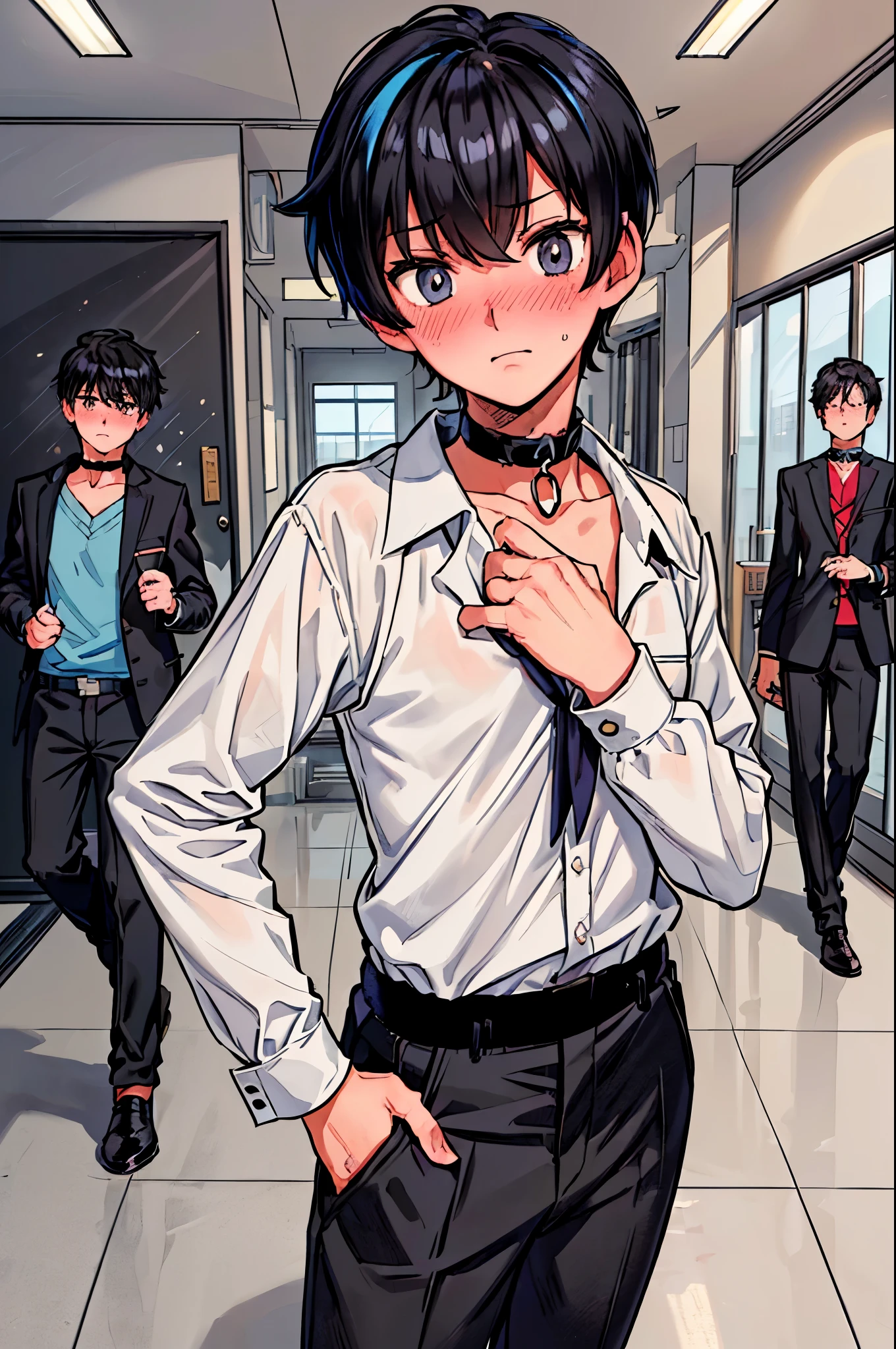 (best quality,ultra-detailed,(background:school interior 1,8)),((focus on face),(portrait),((one boy)),(Tomgirl),black choker,((black short hair)),((boy's face)),((blushing)),(stand collar),(pants),vibrant colors,soft lighting)