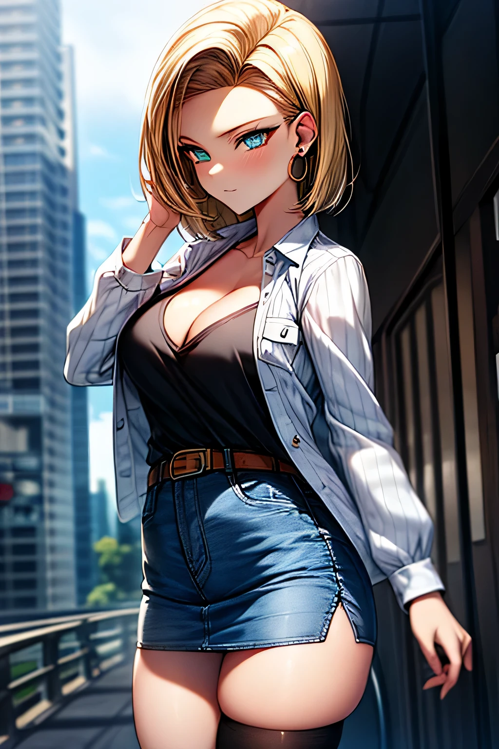 android 18, android 18, blonde hair, blue eyes, eyelash, hoop earrings, short hair, earrings, break belt, black legwear, black shirt, breast pocket, cleavage, clavicle, denim, denim skirt, high-waist skirt, jewelry, long sleeve, pocket, shirt, shirt tucked in, skirt, striped, striped sleeves, waistcoat,, break outdoors, city, null, cloud, sun, break looking at viewer, (cowboy shot:1.5), break (masterpiece:1.2), highest quality, High resolution, unity 8k wallpaper, (shape:0.8), (beautiful and detailed eyes:1.6), highly detailed face, perfect lighting, Very detailed CG, (perfect hands, perfect anatomy)