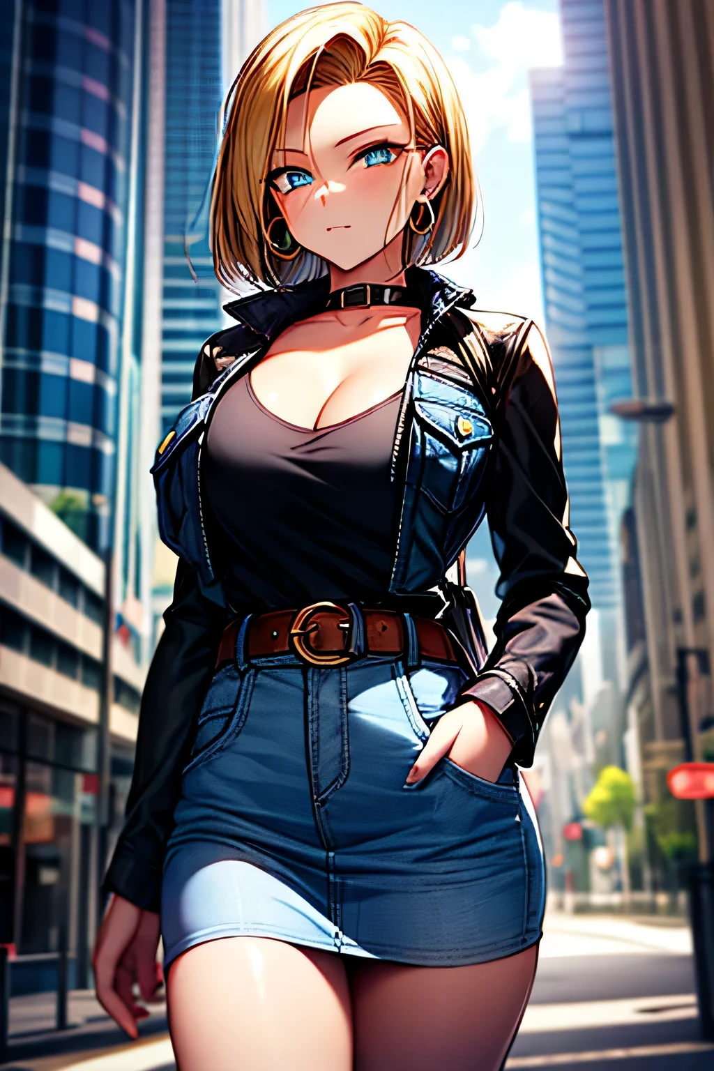 android 18, android 18, blonde hair, blue eyes, eyelash, hoop earrings, short hair, earrings, break belt, black legwear, black shirt, breast pocket, cleavage, clavicle, denim, denim skirt, high-waist skirt, jewelry, long sleeve, pocket, shirt, shirt tucked in, skirt, striped, striped sleeves, waistcoat,, break outdoors, city, null, cloud, sun, break looking at viewer, (cowboy shot:1.5), break (masterpiece:1.2), highest quality, High resolution, unity 8k wallpaper, (shape:0.8), (beautiful and detailed eyes:1.6), highly detailed face, perfect lighting, Very detailed CG, (perfect hands, perfect anatomy)