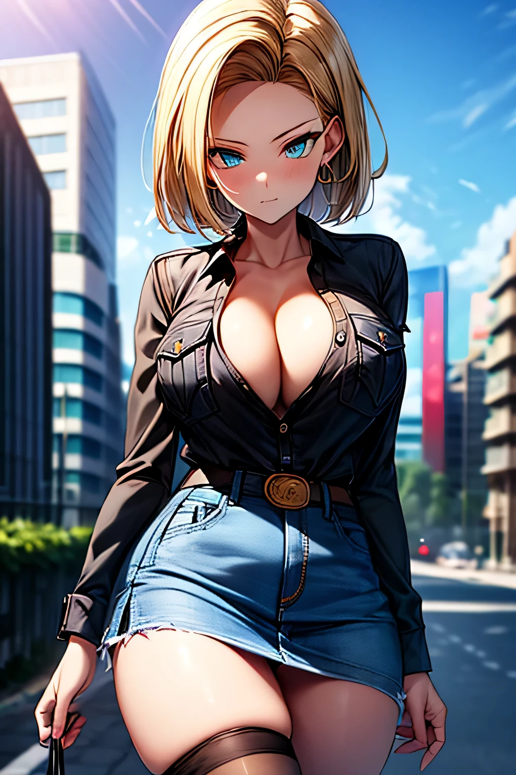 android 18, android 18, blonde hair, blue eyes, eyelash, hoop earrings, short hair, earrings, break belt, black legwear, black shirt, breast pocket, cleavage, clavicle, denim, denim skirt, high-waist skirt, jewelry, long sleeve, pocket, shirt, shirt tucked in, skirt, striped, striped sleeves, waistcoat,, break outdoors, city, null, cloud, sun, break looking at viewer, (cowboy shot:1.5), break (masterpiece:1.2), highest quality, High resolution, unity 8k wallpaper, (shape:0.8), (beautiful and detailed eyes:1.6), highly detailed face, perfect lighting, Very detailed CG, (perfect hands, perfect anatomy)