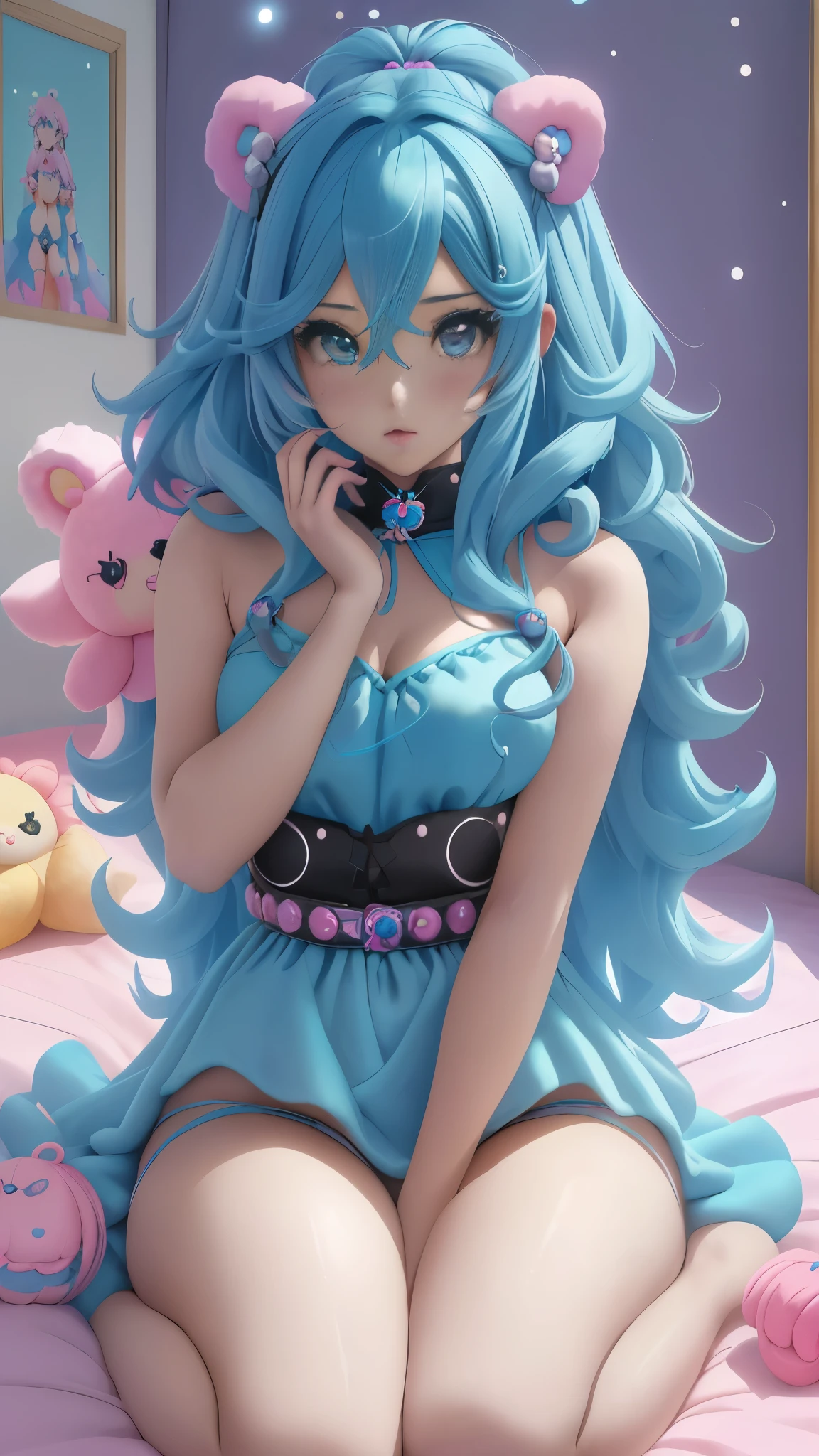 (La mejor calidad,A high resolution,Ultra - detallado,actual),Ariana Grande anime girl con pelo azul and blue dress sitting on a snow covered ground, lindo arte digital detallado, adorable pintura digital, Azur. cabello detallado, lindo arte digital, con pelo azul, hermosa chica de pelo azul, , girl con pelo azul, anime girl with cosmic hair, linda obra de arte detallada, (Retrato realista kawaii:1.4) , linda obra de arte, pretty girl con pelo azul, ,( ciberpunk 2.1), (fondo dormitorio cama almohada computadora :1.4), (peluches de osos :1.4),( torta dulces pasteles donas Pink :1.4), (dedos detailed:1.4),( mostrando panties:1.4)