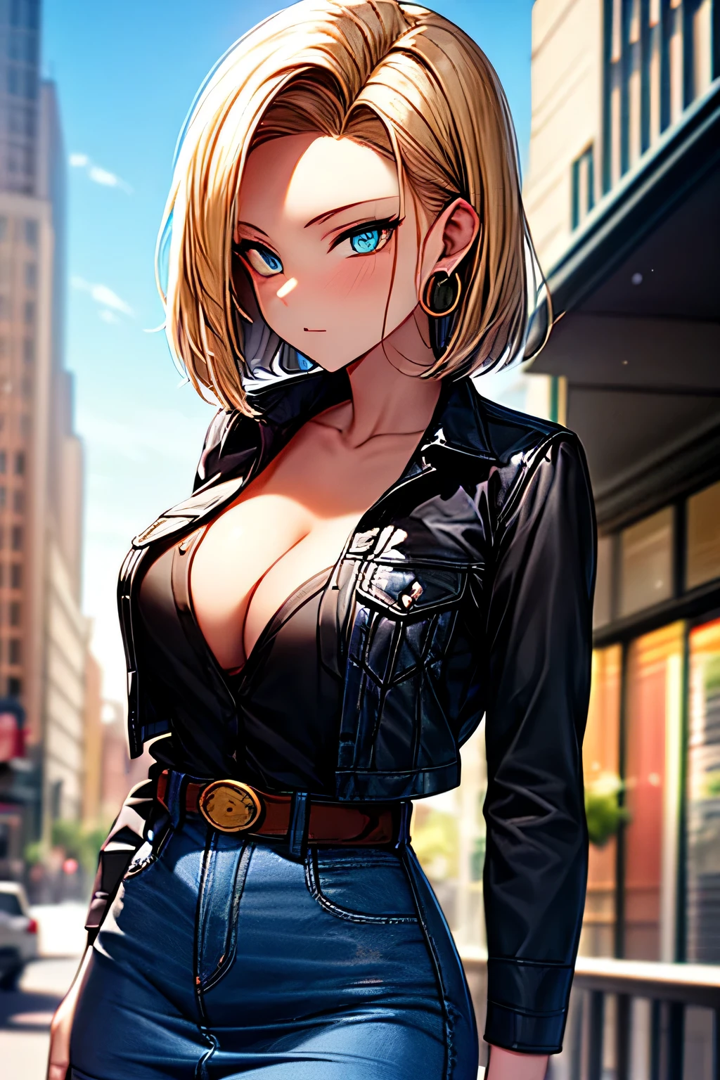 android 18, android 18, blonde hair, blue eyes, eyelash, hoop earrings, short hair, earrings, break belt, black legwear, black shirt, breast pocket, cleavage, clavicle, denim, denim skirt, high-waist skirt, jewelry, long sleeve, pocket, shirt, shirt tucked in, skirt, striped, striped sleeves, waistcoat,, break outdoors, city, null, cloud, sun, break looking at viewer, (cowboy shot:1.5), break (masterpiece:1.2), highest quality, High resolution, unity 8k wallpaper, (shape:0.8), (beautiful and detailed eyes:1.6), highly detailed face, perfect lighting, Very detailed CG, (perfect hands, perfect anatomy)