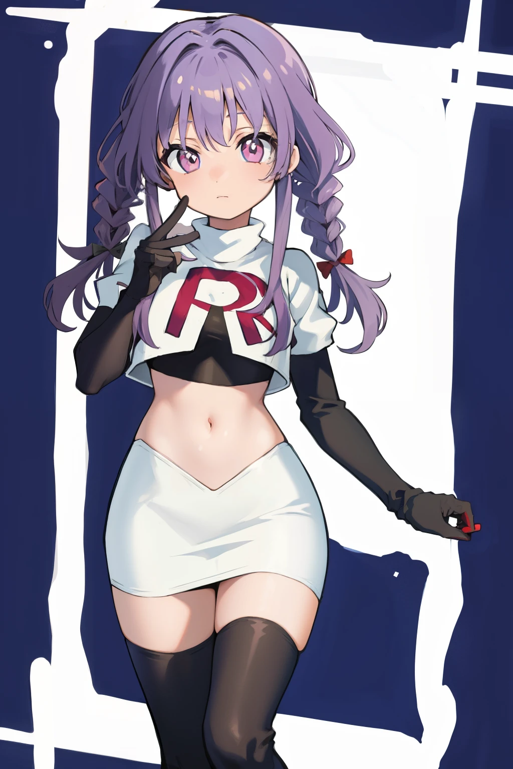 (solo, 1girl:1.2), 
(portrait), 
simple background,
official art, 
twintails, purple hair, purple eyes, multicolored eyes, spider girl, gradient eyes, 
team rocket,team rocket uniform, red letter R, white skirt,white crop top,black thigh-highs,black elbow gloves