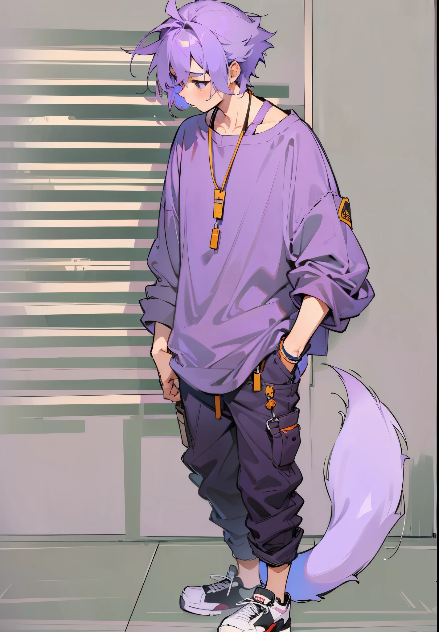 1male, ???, Light Purple Hair, Short Hair, Black Eyes, Baggy Jeans, Loose T-Shirt, Purple Tail