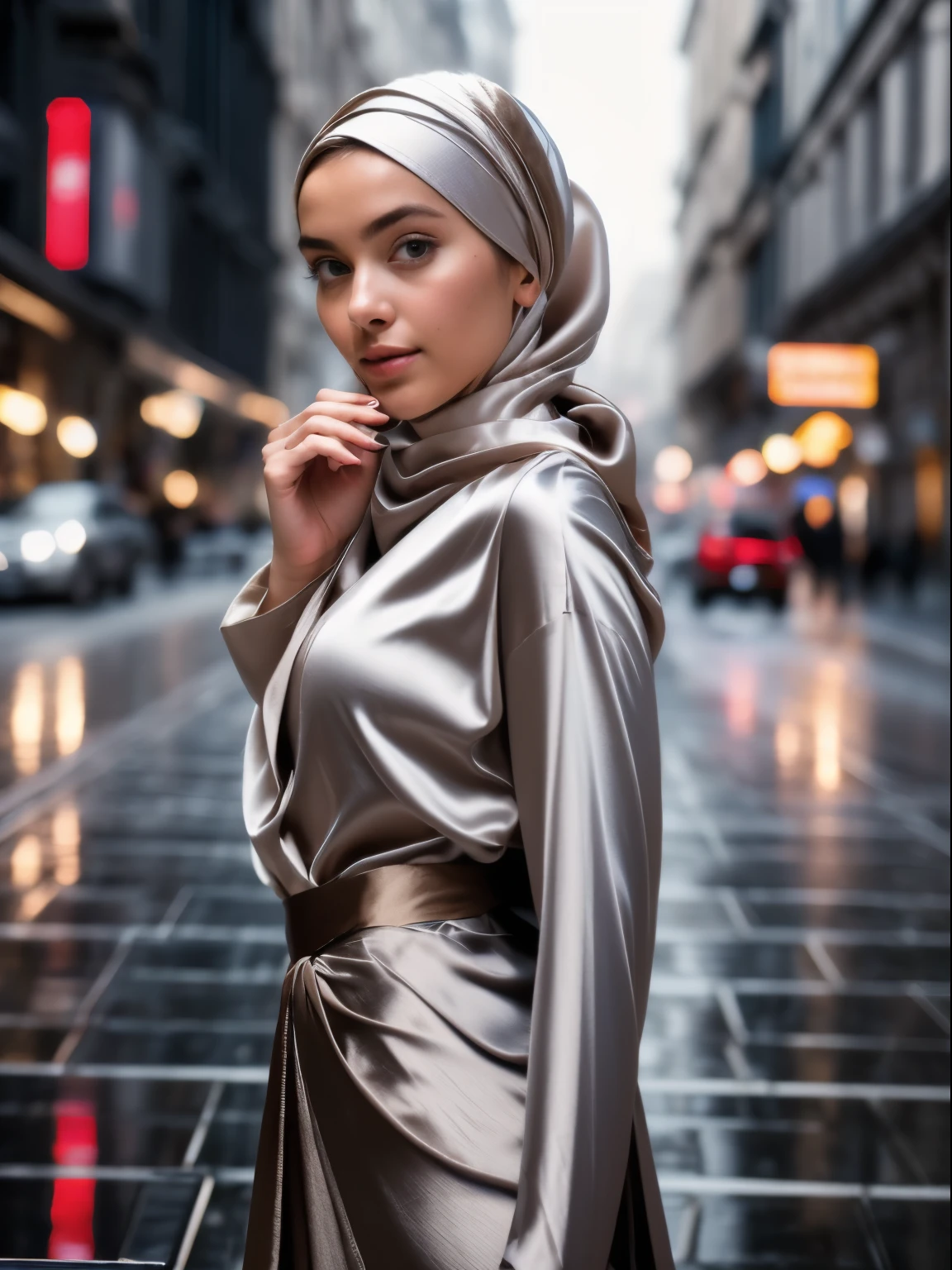Photo of 25 year old European girl, RAW, beautiful woman, ((gray satin headscarf), loosely tide hijab style), ((portrait)), (Detailed face: 1.2)), (Detailed facial features)), manga eyes, (Fine skin), pale skin, high detail ((brown satin shirt and satin long maxi skirt)), slim body, megacity environment, (cold color), wet, moist, reflection, (masterpiece) ( Perfect proportions) (realistic photos) (highest quality) (detail) shot with Canon EOS R5, 50mm lens, f/2.8, HDR, (8k) (wallpaper) (movie lighting) (dramatic lighting) (sharp focus) (complex) fashion