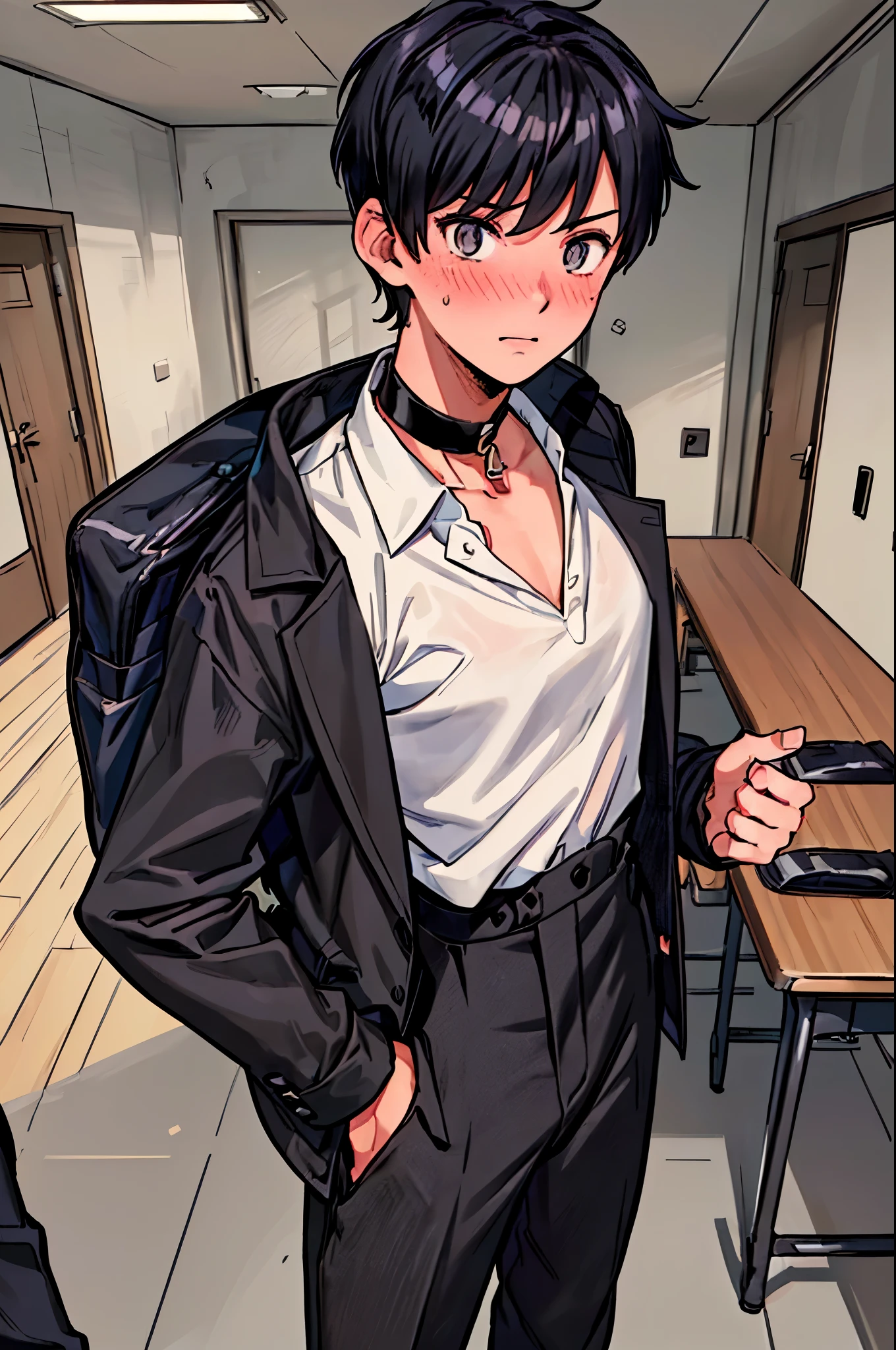 (best quality,ultra-detailed,(background:school interior 1,8)),((focus on face),(portrait),((one boy)),(Tomgirl),black choker,((black short hair)),((boy's face)),((blushing)),(stand collar),(pants),vibrant colors,soft lighting)