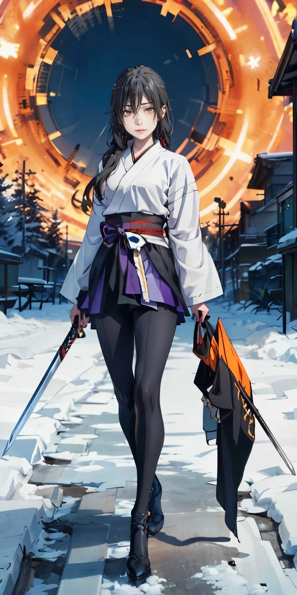 yukinoshita yukino, young 1girl, solo, sakifuwa, glazed eyes, very long hair, ponytail, orange eyes, black hair, black tights, white samurai suit, long leggings, purple strain of hair, very purple long skirt, holding dual sword, frost effects, frost blue, frost pillars, at mountain
