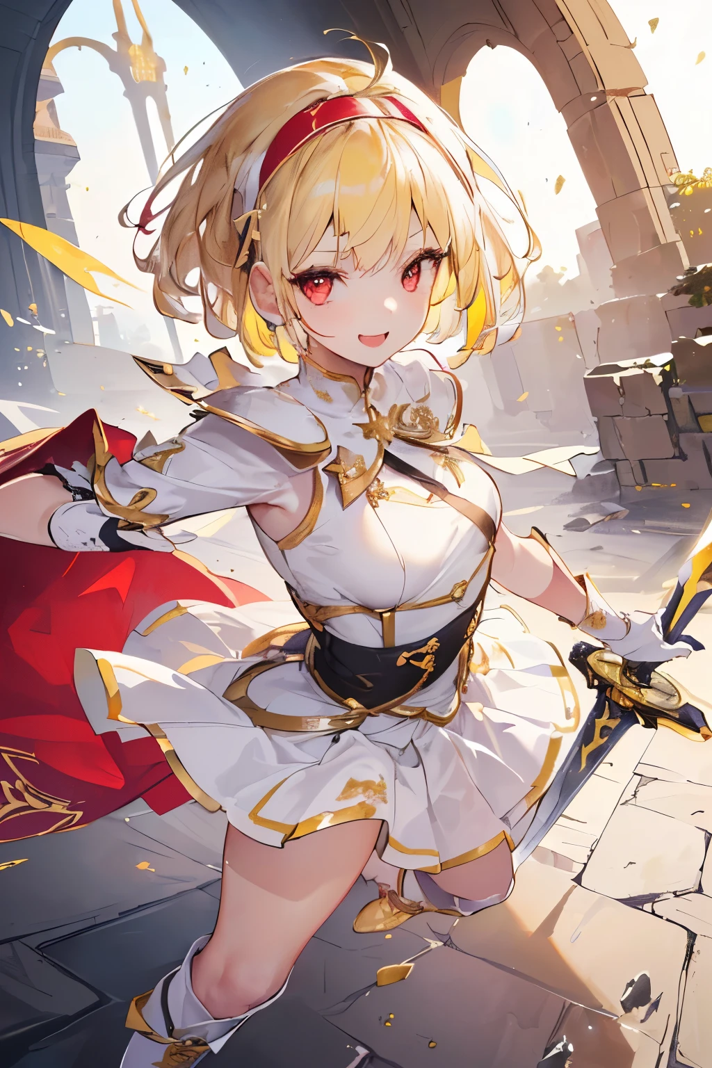 (((((1girl))))), ((best quality)), ((masterpiece)), ((ultra-detailed)), (illustration), (detailed light), (an extremely delicate and beautiful), (beautiful detailed eyes), (sunlight), ((extremely light)), ((extremely clothes)), (((hyper detail))),(((((front lighting))))),(((((front light))))),
((((quite adorable white Armor with a brief skirt and a headband)))),
(((Expert Executioner))),
(((wavy short bob))), ((((yellow gold hair)))), (((short hair))),
(((deep red eyes))),
((((whole body)))), aged 5 to 8, ((((very adorable young girl)))), ((condescending expression)), ((mischievous smile with sexual satisfaction)), (((extra adorable))), (((((extra slender shape))))), (((((extremely beautiful detailed face))))),
(((dynamically attacking enemies with a sword))),
(((elegant magic boots))), (Dutch angle), (((elegant magic gloves))), ((transparent magical underskirt)), (a little bit exposed adorable magical panties)
