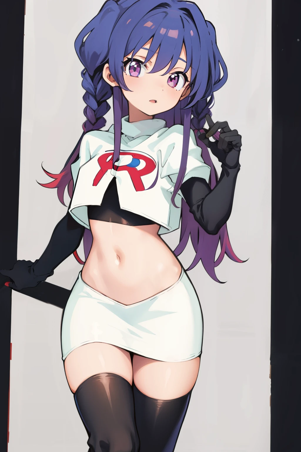 (solo, 1girl:1.2),
(portrait),
simple background,
official art,
twintails, purple hair, purple eyes, multicolored eyes, spider girl, gradient eyes,
team rocket,team rocket uniform, red letter R, white skirt,white crop top,black thigh-highs,black elbow gloves