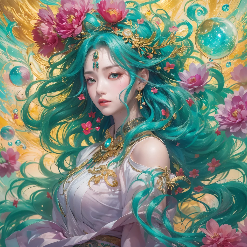 yellow blue color,enamel,agate,A flesh-colored world,Blood Blue Girl 32K(masterpiece,HD,Aoyama Pond,super high quality,32k)long flowing bright blue hair,blood pool,we disagree, a color,Grumpy (After saying hello), (Linen scarf), Combat stance, looking at the ground, long white hair, Floating bright blue, Fire cloud gold headdress, Chinese long-sleeved gold silk burgundy garment, (Abstract metaverse splash:1.2), White background,Peony flower vitality protector(realistically:1.4),bright purple hair,Smoke on the road,The background is very pure, high resolution, detail, original photo, Sharp Re, Nikon D850 film photo by Jefferies Lee 4 Kodak Portra 400 camera F1.6 guns, rich and colorful, Super real、Vivid texture, dramatic lighting, Unreal Engine Art Station Trend, Silicon Nest 800,一个有着long flowing bright blue hair的女孩,huge rich and colorful bubbles