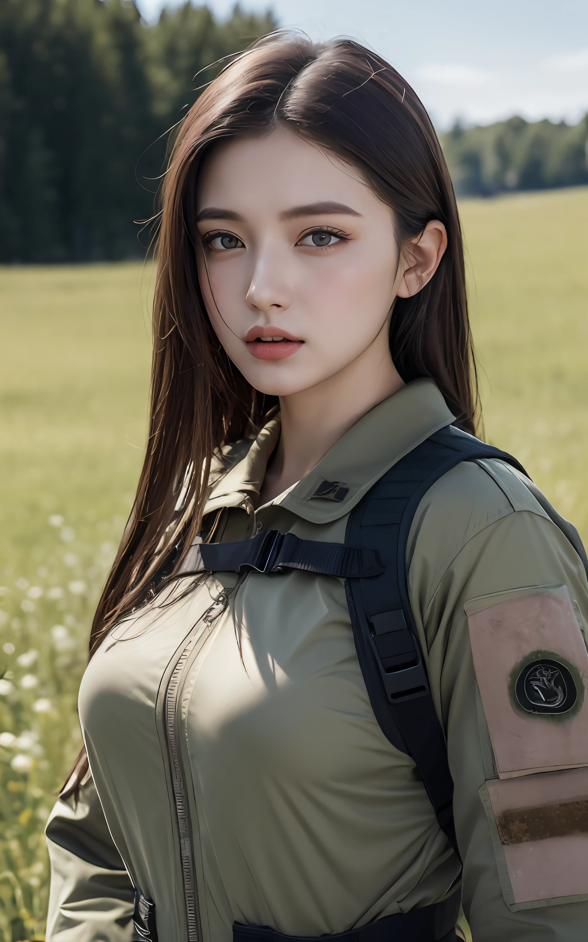 Highly detailed CG Unity 8k wallpaper, of the highest quality, super detailed, master piece, Realistic, Photorealistic, extremely detailed cute girl, 25 years old,
(Tactical clothing), (military outfits), meadow ,blush, Round eyes, medium breasts, ,viewer, Cowboy Shot,
