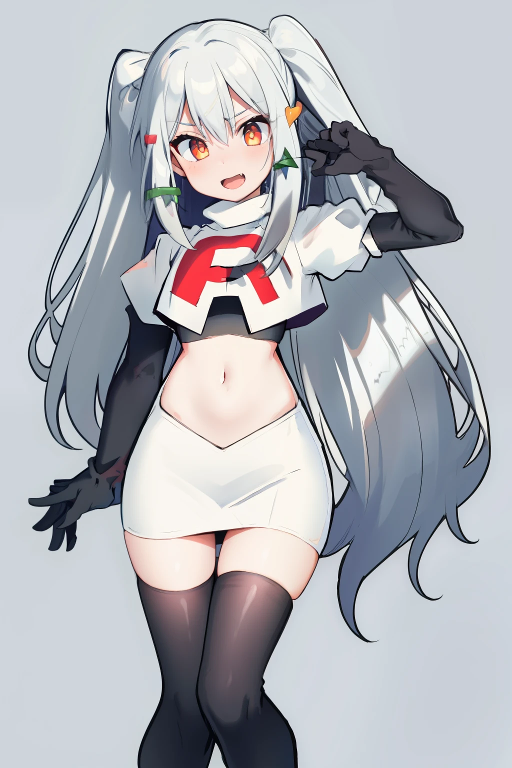 solo, 1boy, black bow, black skirt, black thighhighs, blue hair, dog hair ornament, twintails, orange eyes, hair between eyes, tail, otoko no ko, simple background, team rocket,team rocket uniform, red letter R, white skirt,white crop top,black thigh-highs,black elbow gloves