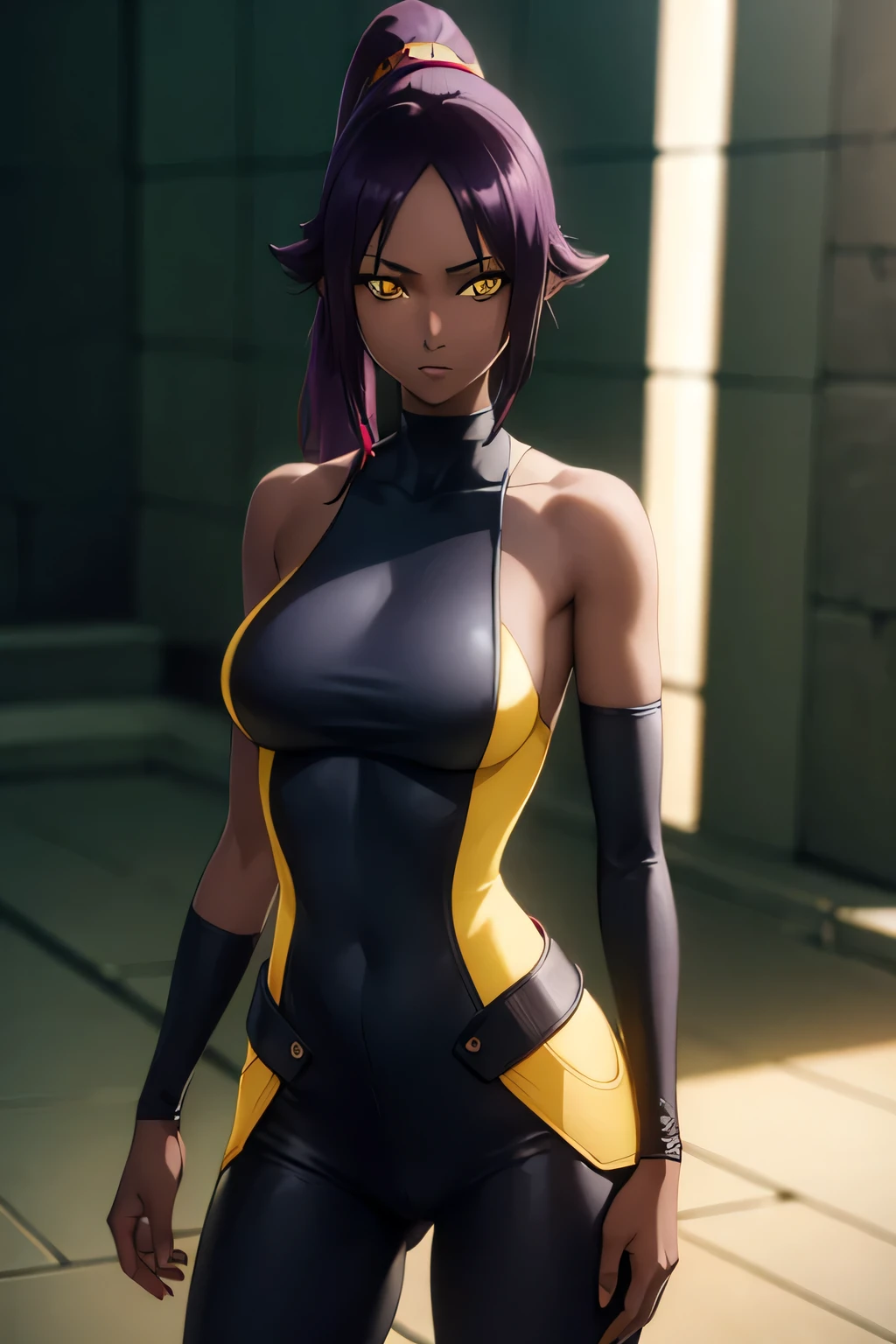 yoruichishihouin, yoruichi shihouin, long hair, (yellow eyes:1.5), ponytail, purple hair, dark skin, dark-skinned female,
BREAK bodysuit, black bodysuit, bare arms, bare shoulders, sideboob,
BREAK outdoors,
BREAK looking at viewer, (cowboy shot:1.5),
BREAK (masterpiece:1.2), best quality, high resolution, unity 8k wallpaper, (illustration:0.8), (beautiful detailed eyes:1.6), extremely detailed face, perfect lighting, extremely detailed CG, (perfect hands, perfect anatomy),