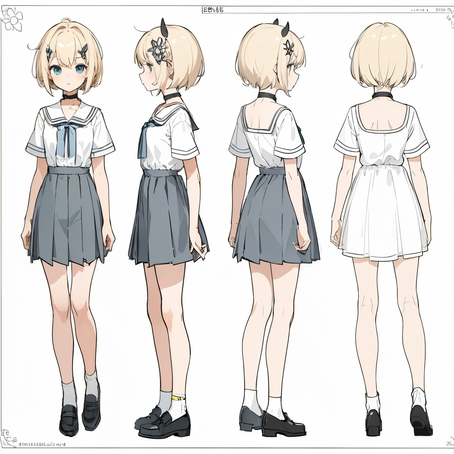 (masterpiece, best quality) detailed,  girl, a blank look, kawaii, cute, various face expression, drawing reference, reference, lineart, sketch (character design sheet, same character, full body, 3views, front, side, back), pixie cut, slightly messy blonde hair, cowlick, formal clothes, hair ornament, black choker, school uniform