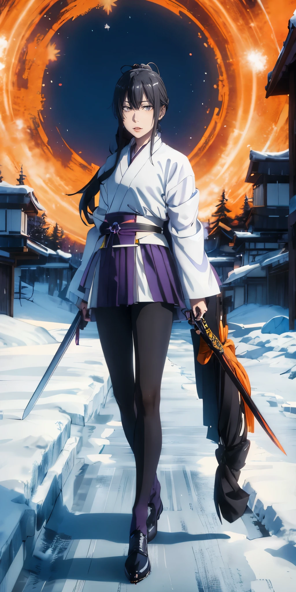 yukinoshita yukino, young 1girl, solo, sakifuwa, glazed eyes, very long hair, ponytail, orange eyes, black hair, black tights, white samurai suit, long leggings, purple strain of hair, very purple long skirt, holding dual sword, frost effects, frost blue, frost pillars, at mountain
