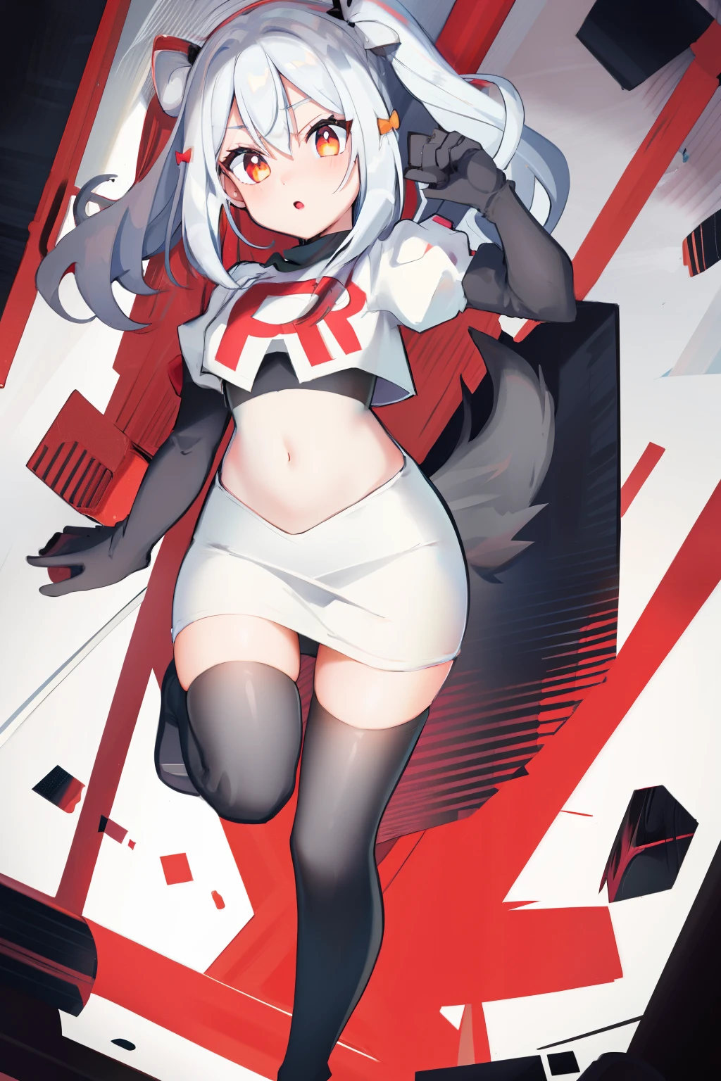 solo, 1boy, black bow, black skirt, black thighhighs, blue hair, dog hair ornament, twintails, orange eyes, hair between eyes, tail, otoko no ko, simple background, team rocket,team rocket uniform, red letter R, white skirt,white crop top,black thigh-highs,black elbow gloves