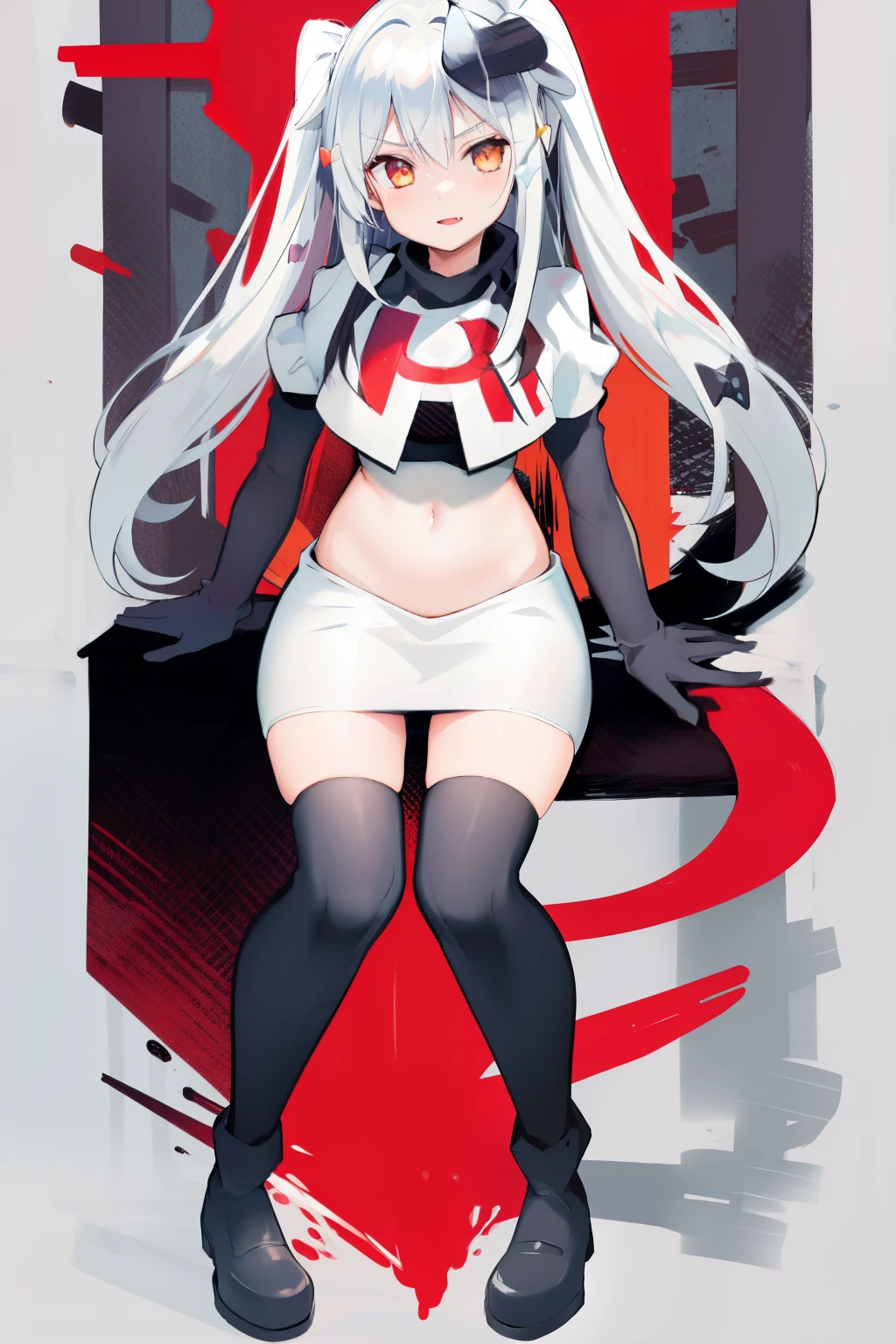 solo, 1boy, black bow, black skirt, black thighhighs, blue hair, dog hair ornament, twintails, orange eyes, hair between eyes, tail, otoko no ko, simple background, team rocket,team rocket uniform, red letter R, white skirt,white crop top,black thigh-highs,black elbow gloves