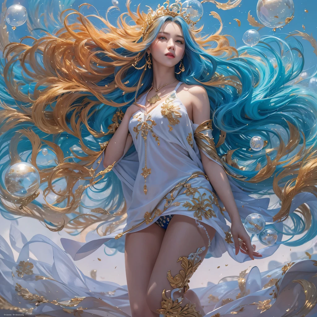 Yellow blue colors，enamel，agate，A flesh-colored world，Blood Blue Maiden 32k（masterpiece，HD，Aoyama Pond，Ultra high quality，32k）long flowing bright blue hair，blood pool，Ziddink， a color，Grumpy （After greeting）， （Linen scarf）， fighting stance， looking at the ground， long white hair， Floating bright blue， Fire cloud gold headdress， Chinese long-sleeved gold silk burgundy garment， （Abstract metaverse splash：1.2）， White background，Peony flower vitality protector（realistically：1.4），bright purple hair，Smoke on the road，The background is very pure， high resolution， detail， RAW photos， Sharp Re， Nikon D850 film photo by Jefferies Lee 4 Kodak Portra 400 camera F1.6 guns, colorful, Ultra-realistic and vivid textures, dramatic lighting, Unreal Engine Art Station Trend, Sinest 800，一个有着long flowing bright blue hair的女孩，huge colorful bubbles