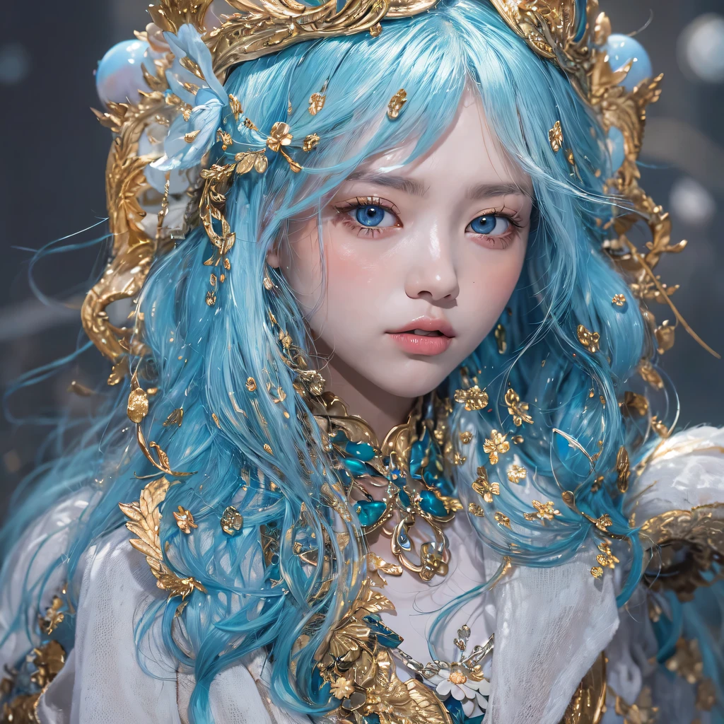Yellow blue colors，enamel，agate，A flesh-colored world，Blood Blue Maiden 32k（masterpiece，HD，Aoyama Pond，Ultra high quality，32k）long flowing bright blue hair，blood pool，Ziddink， a color，Grumpy （After greeting）， （Linen scarf）， fighting stance， looking at the ground， long white hair， Floating bright blue， Fire cloud gold headdress， Chinese long-sleeved gold silk burgundy garment， （Abstract metaverse splash：1.2）， White background，Peony flower vitality protector（realistically：1.4），bright purple hair，Smoke on the road，The background is very pure， high resolution， detail， RAW photos， Sharp Re， Nikon D850 film photo by Jefferies Lee 4 Kodak Portra 400 camera F1.6 guns, colorful, Ultra-realistic and vivid textures, dramatic lighting, Unreal Engine Art Station Trend, Sinest 800，一个有着long flowing bright blue hair的女孩，huge colorful bubbles