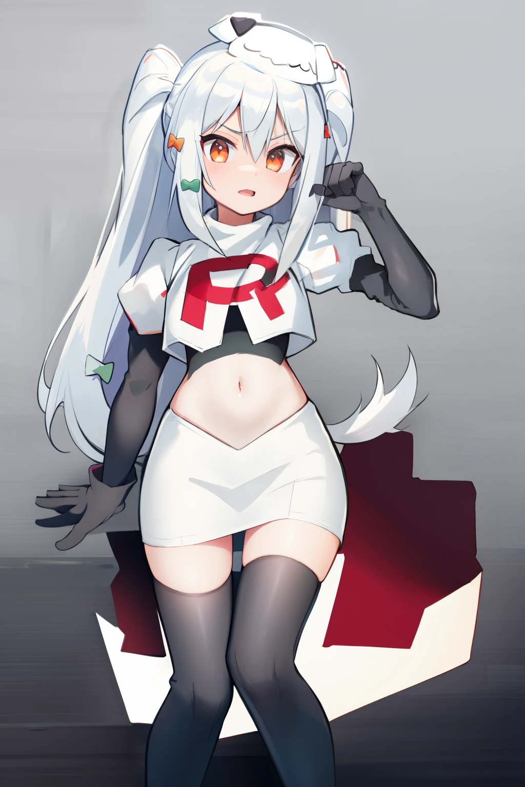 solo, 1boy, black bow, black skirt, black thighhighs, blue hair, dog hair ornament, twintails, orange eyes, hair between eyes, tail, otoko no ko, simple background, team rocket,team rocket uniform, red letter R, white skirt,white crop top,black thigh-highs,black elbow gloves