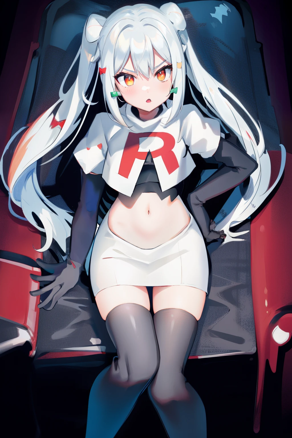 solo, 1boy, black bow, black skirt, black thighhighs, blue hair, dog hair ornament, twintails, orange eyes, hair between eyes, tail, otoko no ko, simple background, team rocket,team rocket uniform, red letter R, white skirt,white crop top,black thigh-highs,black elbow gloves