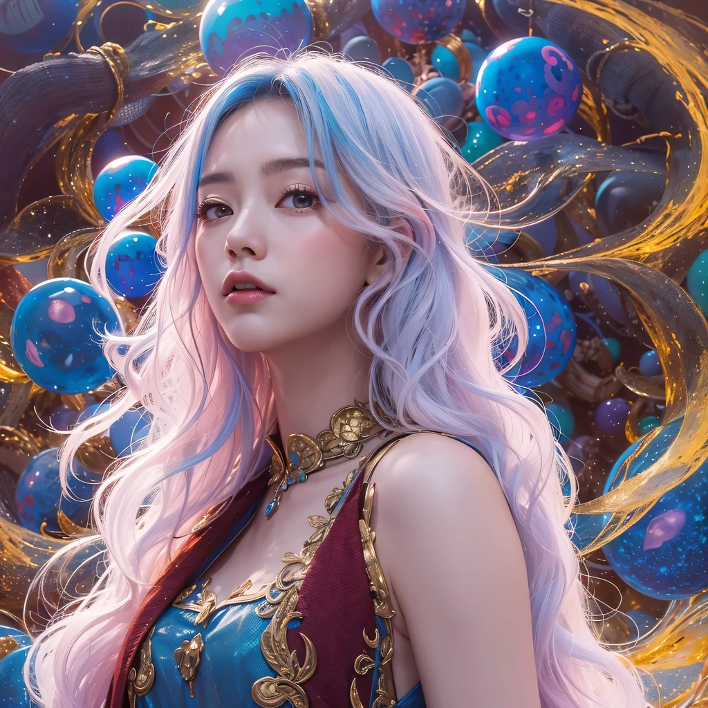 Yellow blue colors,enamel,agate,A flesh-colored world,Blood Blue Maiden 32k(masterpiece,HD,Aoyama Pond,Ultra high quality,32k)long flowing bright blue hair,blood pool,Ziddink, a color,Grumpy (After greeting), (Linen scarf), fighting stance, looking at the ground, long white hair, Floating bright blue, Fire cloud gold headdress, Chinese long-sleeved gold silk burgundy garment, (Abstract metaverse splash:1.2), White background,Peony flower vitality protector(realistically:1.4),bright purple hair,Smoke on the road,The background is very pure, high resolution, detail, RAW photos, Sharp Re, Nikon D850 film photo by Jefferies Lee 4 Kodak Portra 400 camera F1.6 guns, colorful, Ultra-realistic and vivid textures, dramatic lighting, Unreal Engine Art Station Trend, Sinest 800,一个有着long flowing bright blue hair的女孩,huge colorful bubbles