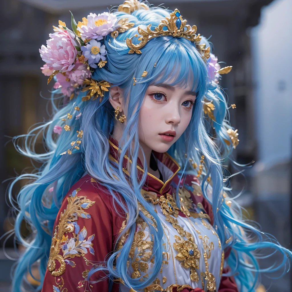Yellow blue colors，enamel，agate，A flesh-colored world，Blood Blue Maiden 32k（masterpiece，HD，Aoyama Pond，Ultra high quality，32k）long flowing bright blue hair，blood pool，Ziddink， a color，Grumpy （After greeting）， （Linen scarf）， fighting stance， looking at the ground， long white hair， Floating bright blue， Fire cloud gold headdress， Chinese long-sleeved gold silk burgundy garment， （Abstract metaverse splash：1.2）， White background，Peony flower vitality protector（realistically：1.4），bright purple hair，Smoke on the road，The background is very pure， high resolution， detail， RAW photos， Sharp Re， Nikon D850 film photo by Jefferies Lee 4 Kodak Portra 400 camera F1.6 guns, colorful, Ultra-realistic and vivid textures, dramatic lighting, Unreal Engine Art Station Trend, Sinest 800，一个有着long flowing bright blue hair的女孩，huge colorful bubbles