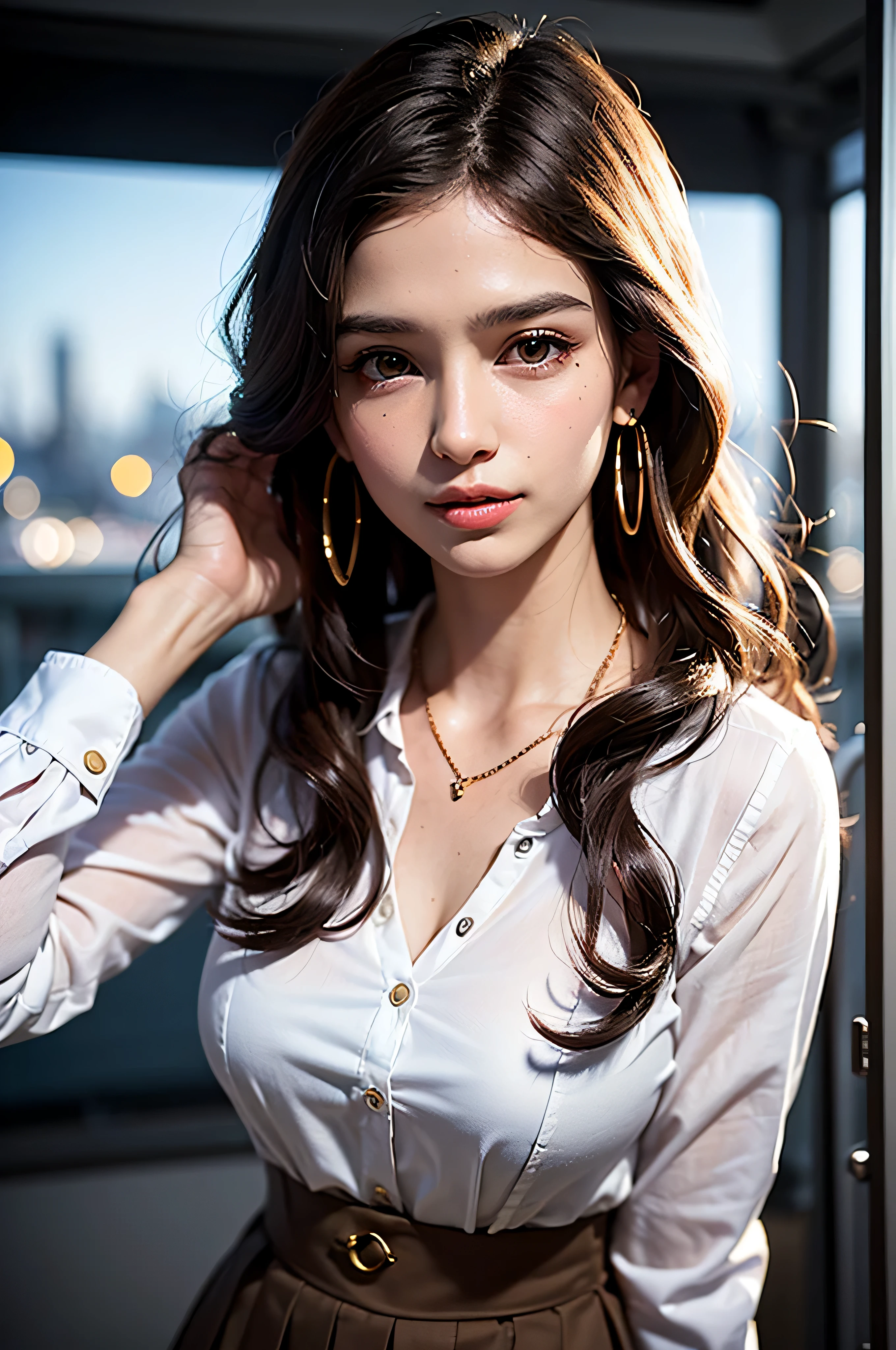 Hire、sunlight、Backlight、((cinematic light、ray tracing))、(masterpiece)、((Super fine))、(High-definition CG illustration)、(最high resolution:1.2)、(1girl:1.2)、high resolution、intricate details、Fine texture、high resolutionシャドウ、realistic expression of face、A delicate face with beautiful details、Delicate eyes with beautiful details、brown pupils、perfectly proportioned face、Depth of the bounds written、far and near method、20th generation、glossy lips、 perfect body、medium breasted、distinct_image、solo focus、(Beautiful eyes and detailed face with fine details)、light source contrast、21 years old、Tokyo cityscape、night、Are standing、(Super long brown hair:1.2))((Hair with loose waves inside:1.2)),((gold necklace_large earrings:1.2)),((shy smile:1.3))((white long sleeve button up blouse_with collar_Remove up to the second button_brown pleated mini skirt:1.3)),(cute droopy eyes))、