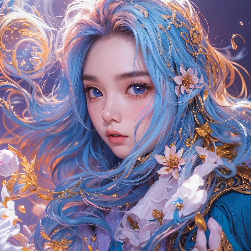 Yellow blue colors，enamel，agate，A flesh-colored world，Blood Blue Maiden 32k（masterpiece，HD，Aoyama Pond，Ultra high quality，32k）long flowing bright blue hair，blood pool，Ziddink， a color，Grumpy （After greeting）， （Linen scarf）， fighting stance， looking at the ground， long white hair， Floating bright blue， Fire cloud gold headdress， Chinese long-sleeved gold silk burgundy garment， （Abstract metaverse splash：1.2）， White background，Peony flower vitality protector（realistically：1.4），bright purple hair，Smoke on the road，The background is very pure， high resolution， detail， RAW photos， Sharp Re， Nikon D850 film photo by Jefferies Lee 4 Kodak Portra 400 camera F1.6 guns, colorful, Ultra-realistic and vivid textures, dramatic lighting, Unreal Engine Art Station Trend, Sinest 800，一个有着long flowing bright blue hair的女孩，huge colorful bubbles