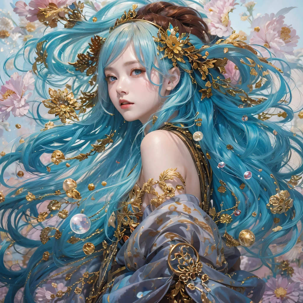 Yellow blue colors,enamel,agate,A flesh-colored world,Blood Blue Maiden 32k(masterpiece,HD,Aoyama Pond,Ultra high quality,32k)long flowing bright blue hair,blood pool,Ziddink, a color,Grumpy (After greeting), (Linen scarf), fighting stance, looking at the ground, long white hair, Floating bright blue, Fire cloud gold headdress, Chinese long-sleeved gold silk burgundy garment, (Abstract metaverse splash:1.2), White background,Peony flower vitality protector(realistically:1.4),bright purple hair,Smoke on the road,The background is very pure, high resolution, detail, RAW photos, Sharp Re, Nikon D850 film photo by Jefferies Lee 4 Kodak Portra 400 camera F1.6 guns, colorful, Ultra-realistic and vivid textures, dramatic lighting, Unreal Engine Art Station Trend, Sinest 800,一个有着long flowing bright blue hair的女孩,huge colorful bubbles