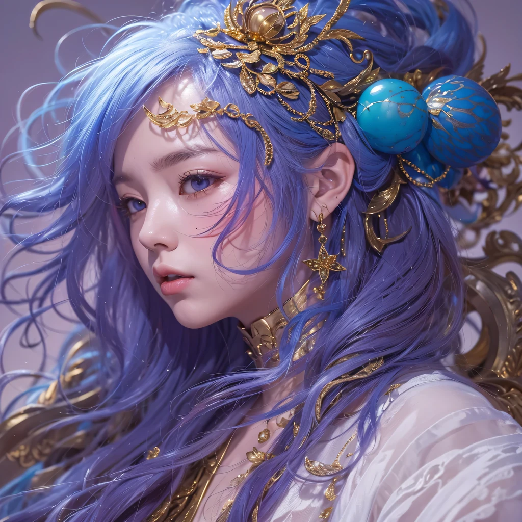 Yellow blue colors,enamel,agate,A flesh-colored world,Blood Blue Maiden 32k(masterpiece,HD,Aoyama Pond,Ultra high quality,32k)long flowing bright blue hair,blood pool,Ziddink, a color,Grumpy (After greeting), (Linen scarf), fighting stance, looking at the ground, long white hair, Floating bright blue, Fire cloud gold headdress, Chinese long-sleeved gold silk burgundy garment, (Abstract metaverse splash:1.2), White background,Peony flower vitality protector(realistically:1.4),bright purple hair,Smoke on the road,The background is very pure, high resolution, detail, RAW photos, Sharp Re, Nikon D850 film photo by Jefferies Lee 4 Kodak Portra 400 camera F1.6 guns, colorful, Ultra-realistic and vivid textures, dramatic lighting, Unreal Engine Art Station Trend, Sinest 800,一个有着long flowing bright blue hair的女孩,huge colorful bubbles