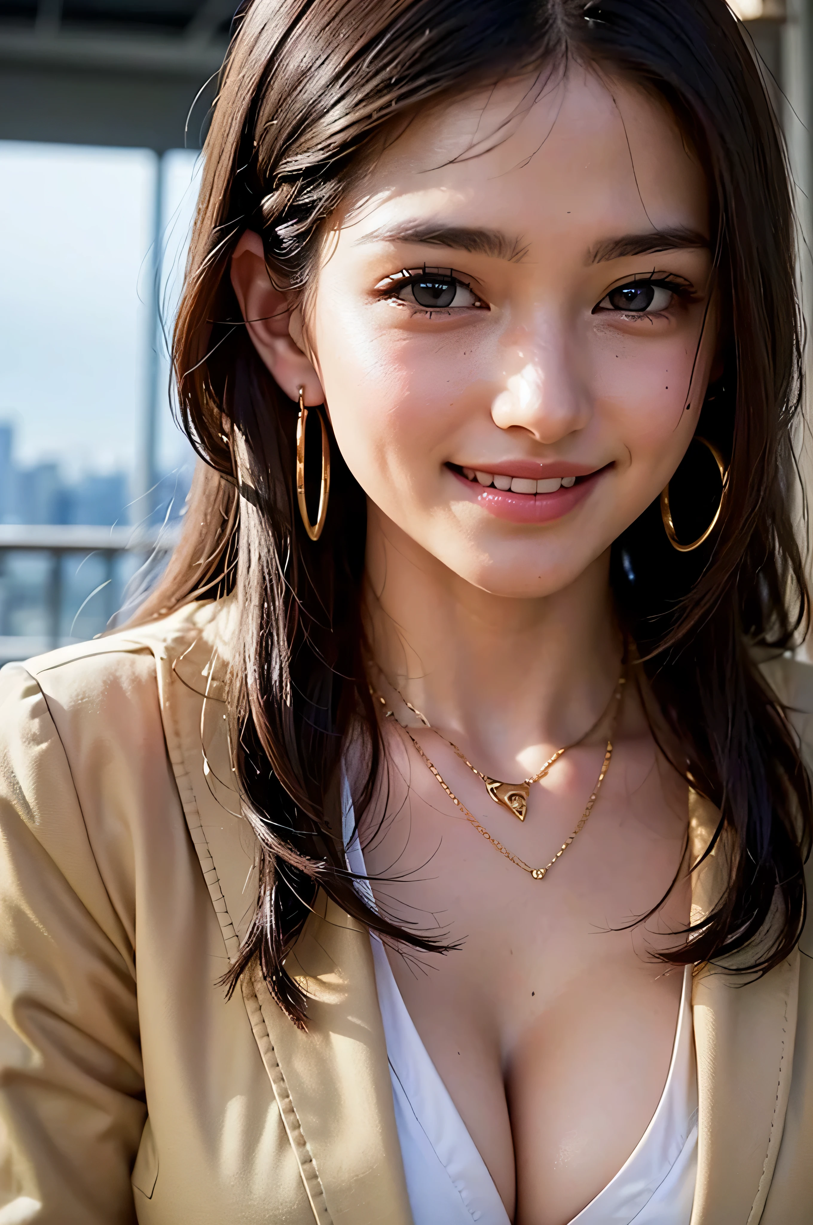 Hire、sunlight、Backlight、((cinematic light、ray tracing))、(masterpiece)、((Super fine))、(High-definition CG illustration)、(最high resolution:1.2)、(1girl:1.2)、high resolution、intricate details、Fine texture、high resolutionシャドウ、realistic expression of face、A delicate face with beautiful details、Delicate eyes with beautiful details、brown pupils、perfectly proportioned face、Depth of the bounds written、far and near method、20th generation、glossy lips、 perfect body、medium breasted、distinct_image、solo focus、(Beautiful eyes and detailed face with fine details)、light source contrast、21 years old、Tokyo cityscape、night、Are standing、(Super long brown hair:1.2))((Hair with loose waves inside:1.2)),((gold necklace_large earrings:1.2)),((shy smile:1.3)),(cute droopy eyes))、(tailored_Blazer_dress:1.5),(pointed_mule:1.4),(Wear an open white shirt,)