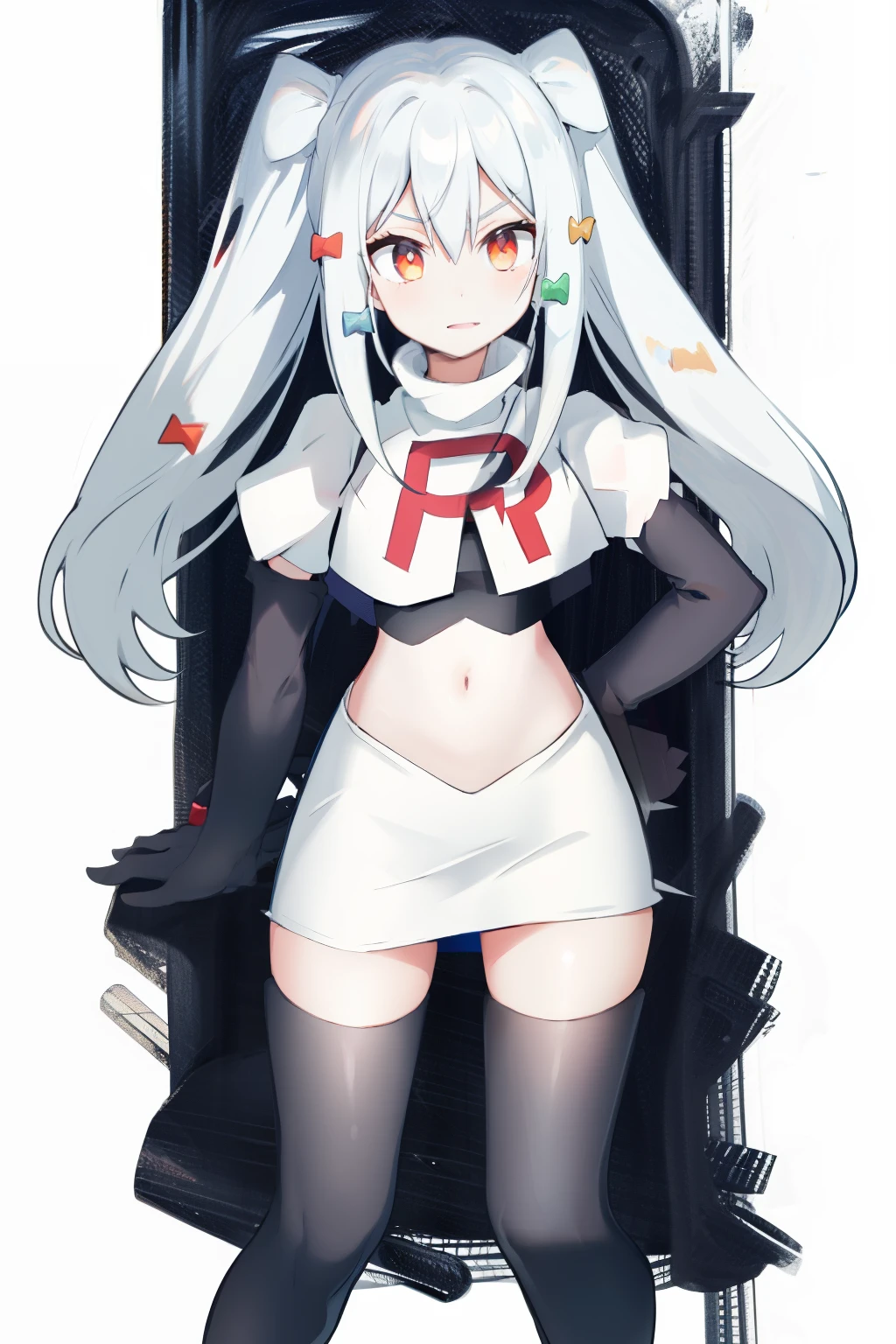 solo, 1boy, black bow, black skirt, black thighhighs, blue hair, dog hair ornament, twintails, orange eyes, hair between eyes, tail, otoko no ko, simple background, team rocket,team rocket uniform, red letter R, white skirt,white crop top,black thigh-highs,black elbow gloves