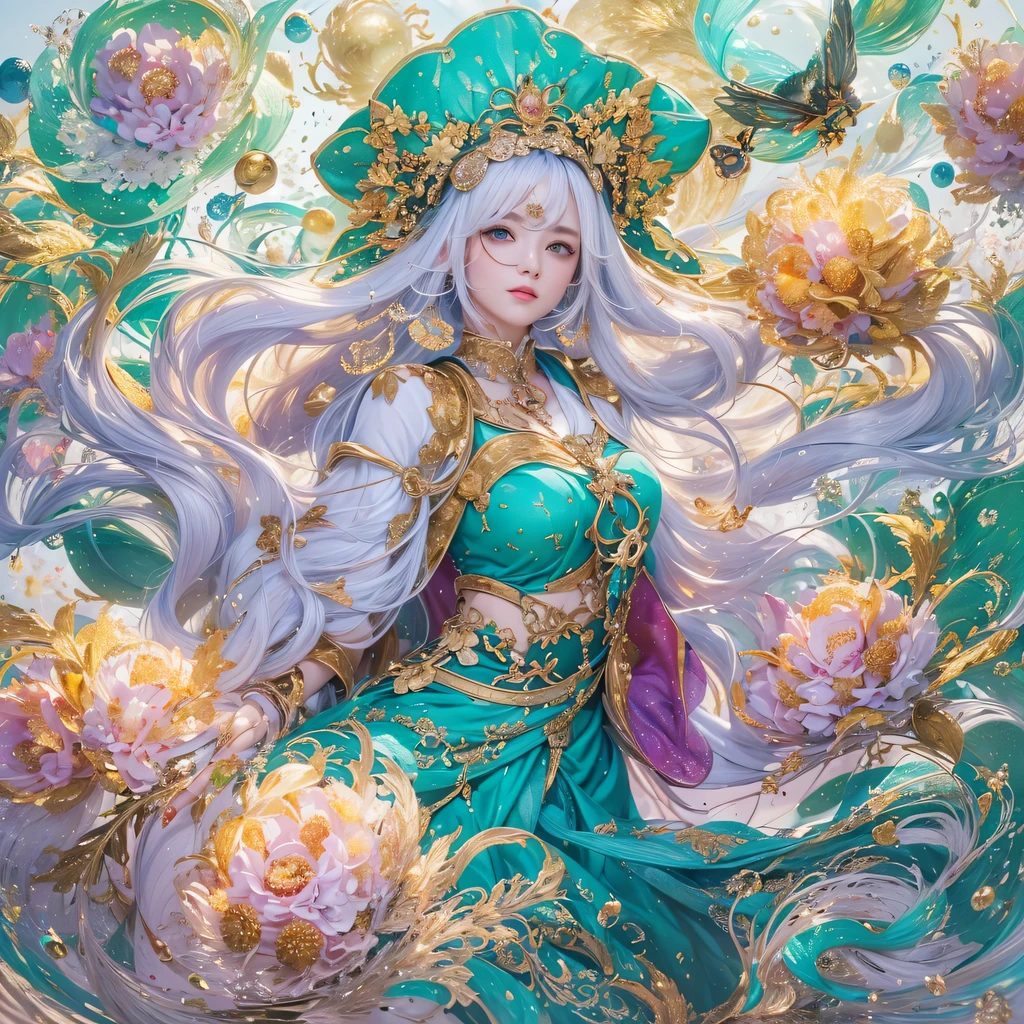 Official Art, Unified 8K Wallpapers, Ultra Detailed, Beautiful and Aesthetic, Masterpiece, Best Quality, (Zentangle, Tangle, Entangle), (fractal art: 1.4), 1girl, green hair, Chinese, bare shoulders, short skirt, calf, navel, very detailed, dynamic angle, cowboyshot, (most beautiful chaos form), flowing, (bright colors), OC, (half: 1.2), Eastern China, (Thangka Flying Sky: 1.5), (tape: 1.3), (dream: 1.5), (hanfu: 1.5), golden Chinese dragon, (smile: 0.5), (Chinese deity),