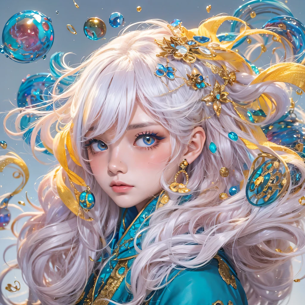 yellow blue color,enamel,agate,A flesh-colored world,Blood Blue Girl 32K(masterpiece,HD,Aoyama Pond,super high quality,32k)long flowing bright blue hair,blood pool,we disagree, a color,Grumpy (After saying hello), (Linen scarf), Combat stance, looking at the ground, long white hair, Floating bright blue, Fire cloud gold headdress, Chinese long-sleeved gold silk burgundy garment, (Abstract metaverse splash:1.2), White background,Peony flower vitality protector(realistically:1.4),bright purple hair,Smoke on the road,The background is very pure, high resolution, detail, original photo, Sharp Re, Nikon D850 film photo by Jefferies Lee 4 Kodak Portra 400 camera F1.6 guns, rich and colorful, Super real、Vivid texture, dramatic lighting, Unreal Engine Art Station Trend, Silicon Nest 800,一个有着long flowing bright blue hair的女孩,huge rich and colorful bubbles