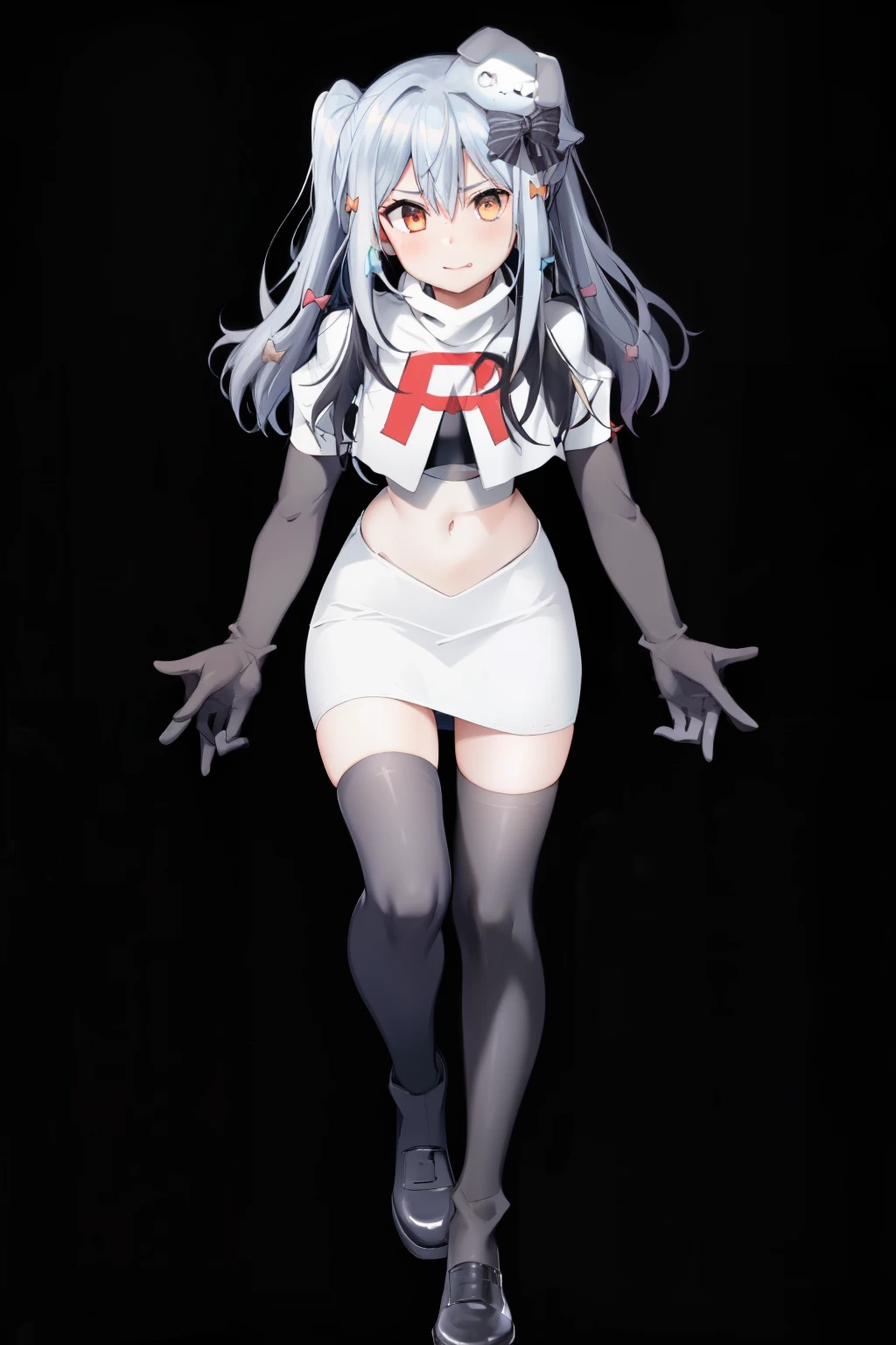 solo, 1boy, black bow, black skirt, black thighhighs, blue hair, dog hair ornament, twintails, orange eyes, hair between eyes, tail, otoko no ko, simple background, team rocket,team rocket uniform, red letter R, white skirt,white crop top,black thigh-highs,black elbow gloves