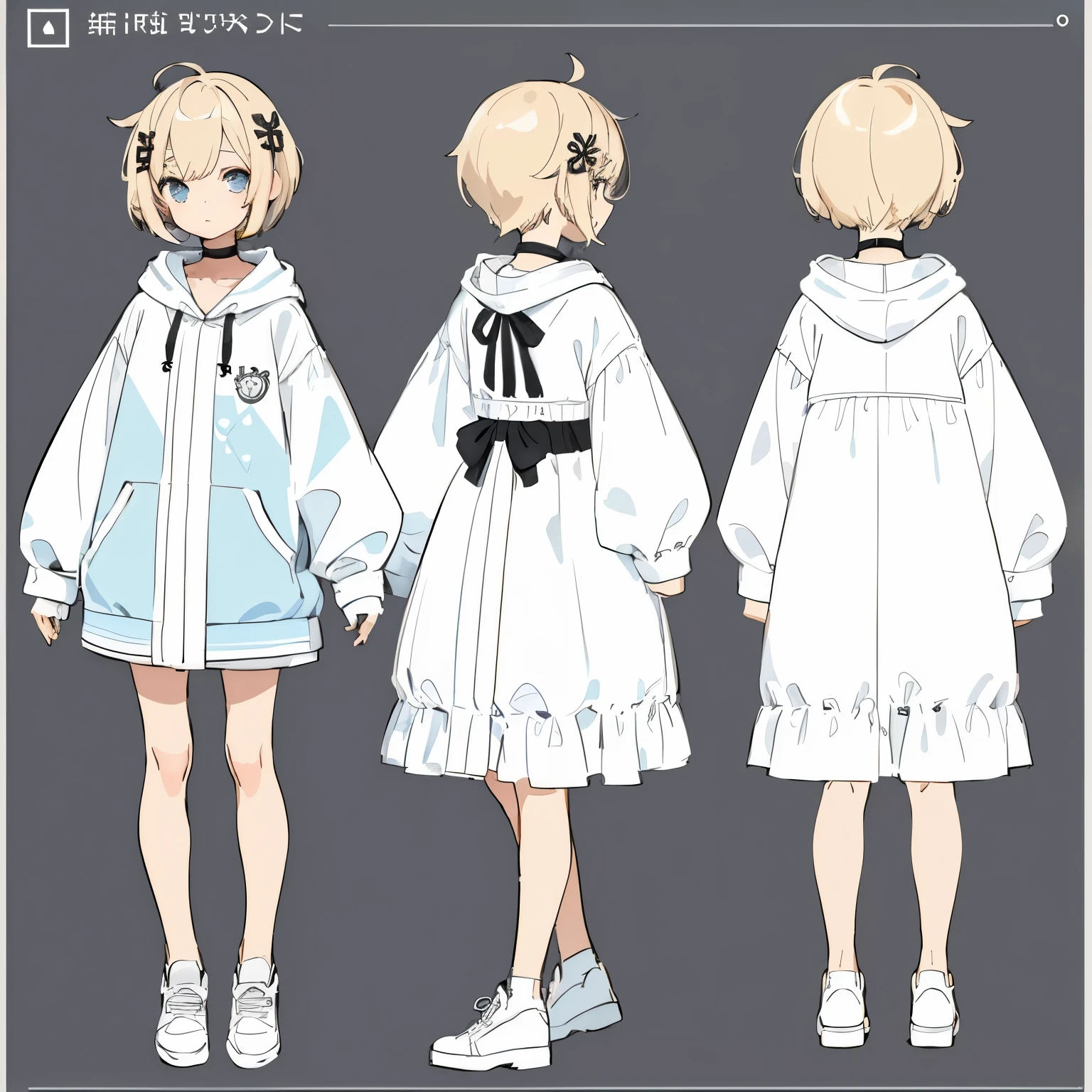 (masterpiece, best quality) detailed, girl, a blank look, kawaii, cute, gamer clothes, various face expression, drawing reference, reference, lineart, sketch (character design sheet, same character, full body, 3views, front, side, back), pixie cut, slightly messy blonde hair, cowlick, formal clothes, hair ornament, black choker, hoodie, headphone