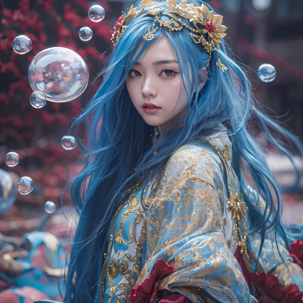 Yellow blue colors,enamel,agate,A flesh-colored world,Blood Blue Maiden 32k(masterpiece,HD,Aoyama Pond,Ultra high quality,32k)long flowing bright blue hair,blood pool,Ziddink, a color,Grumpy (After greeting), (Linen scarf), fighting stance, looking at the ground, long white hair, Floating bright blue, Fire cloud gold headdress, Chinese long-sleeved gold silk burgundy garment, (Abstract metaverse splash:1.2), White background,Peony flower vitality protector(realistically:1.4),bright purple hair,Smoke on the road,The background is very pure, high resolution, detail, RAW photos, Sharp Re, Nikon D850 film photo by Jefferies Lee 4 Kodak Portra 400 camera F1.6 guns, colorful, Ultra-realistic and vivid textures, dramatic lighting, Unreal Engine Art Station Trend, Sinest 800,一个有着long flowing bright blue hair的女孩,huge colorful bubbles