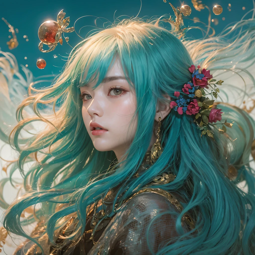 Yellow blue colors,enamel,agate,A flesh-colored world,Blood Blue Maiden 32k(masterpiece,HD,Aoyama Pond,Ultra high quality,32k)long flowing bright blue hair,blood pool,Ziddink, a color,Grumpy (After greeting), (Linen scarf), fighting stance, looking at the ground, long white hair, Floating bright blue, Fire cloud gold headdress, Chinese long-sleeved gold silk burgundy garment, (Abstract metaverse splash:1.2), White background,Peony flower vitality protector(realistically:1.4),bright purple hair,Smoke on the road,The background is very pure, high resolution, detail, RAW photos, Sharp Re, Nikon D850 film photo by Jefferies Lee 4 Kodak Portra 400 camera F1.6 guns, colorful, Ultra-realistic and vivid textures, dramatic lighting, Unreal Engine Art Station Trend, Sinest 800,一个有着long flowing bright blue hair的女孩,huge colorful bubbles