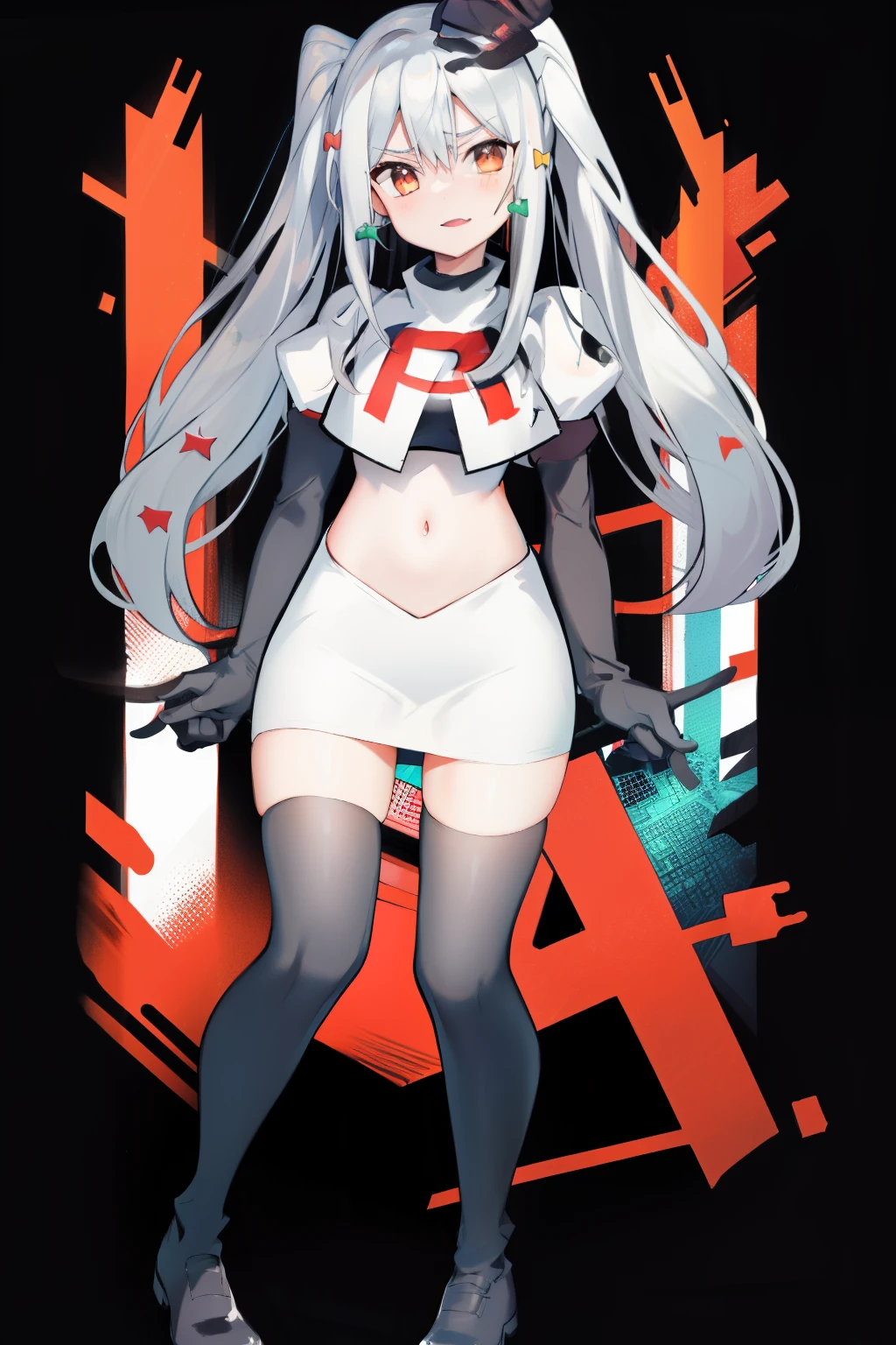 solo, 1boy, black bow, black skirt, black thighhighs, blue hair, dog hair ornament, twintails, orange eyes, hair between eyes, tail, otoko no ko, simple background, team rocket,team rocket uniform, red letter R, white skirt,white crop top,black thigh-highs,black elbow gloves